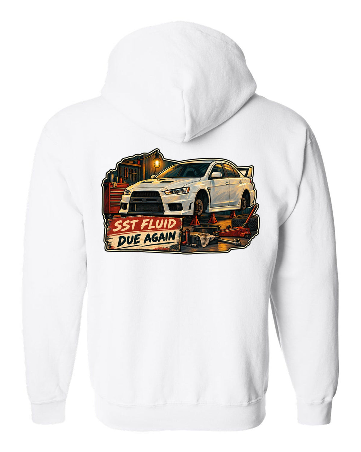 Gouache garage illustration print of the Mitsubishi Evo X CZ4A with SST fluid due again text white zip hoodie back view with the design