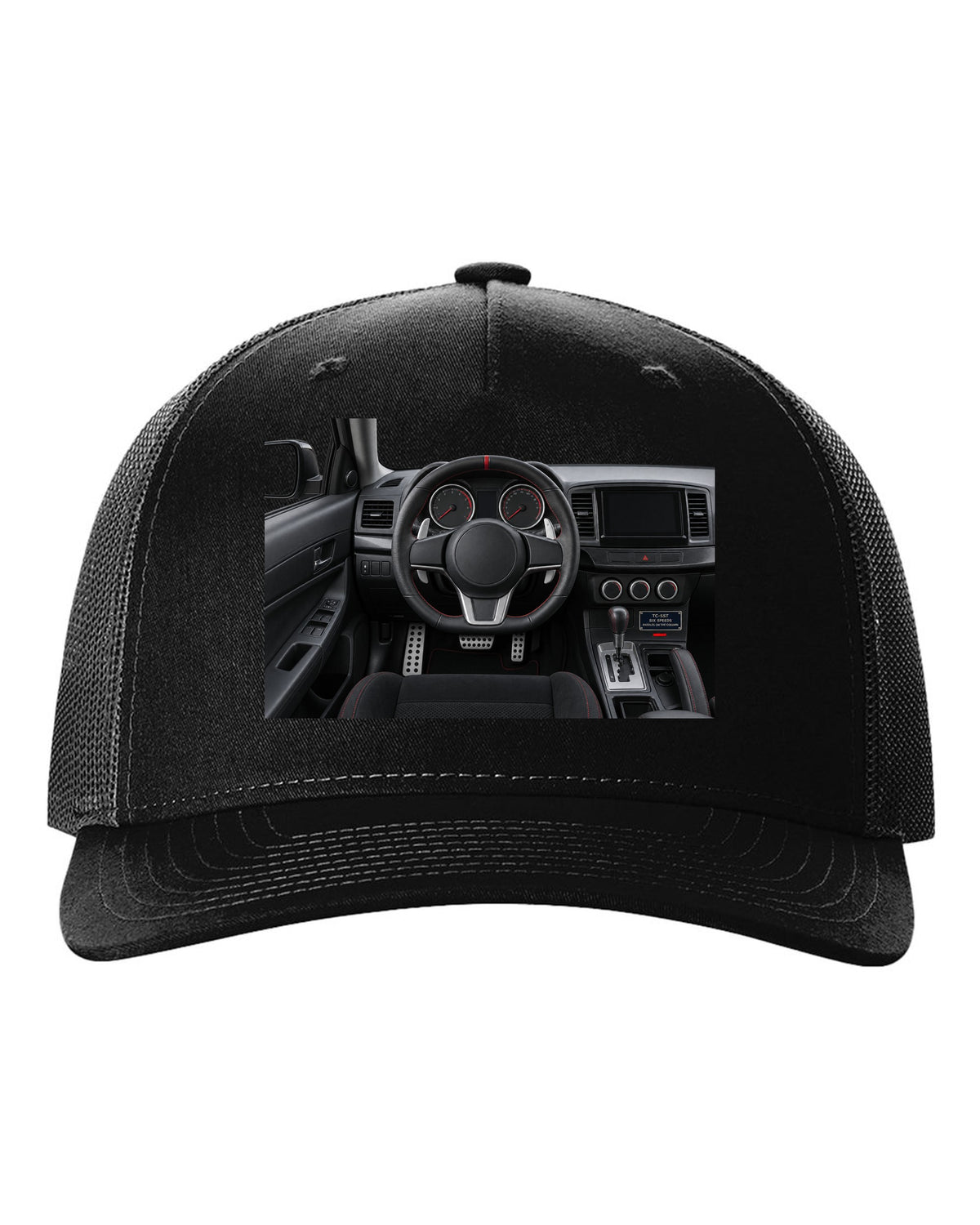 Mitsubishi Lancer Evolution X driver view cockpit and gauges print black hat front view with the design