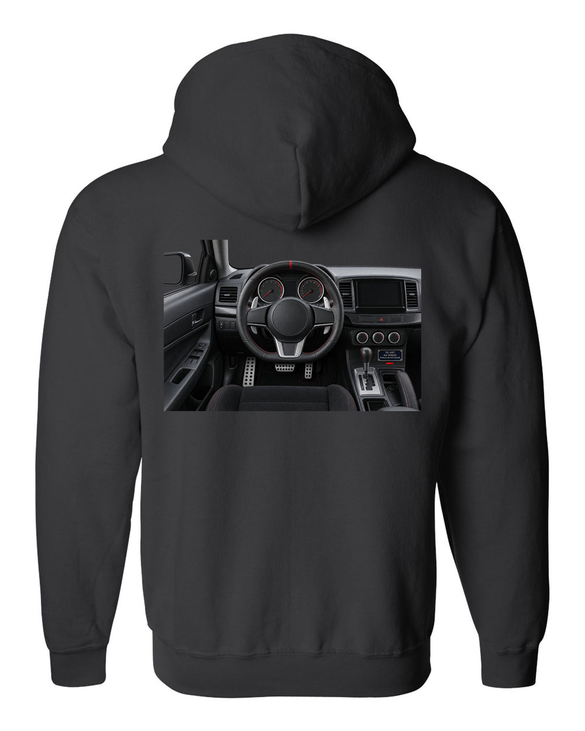 Mitsubishi Lancer Evolution X driver view cockpit and gauges print black zip hoodie back view with the design