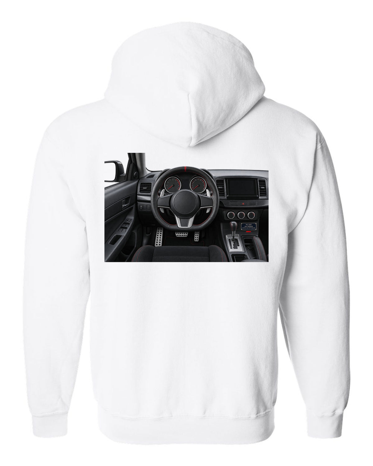 Mitsubishi Lancer Evolution X driver view cockpit and gauges print white zip hoodie back view with the design