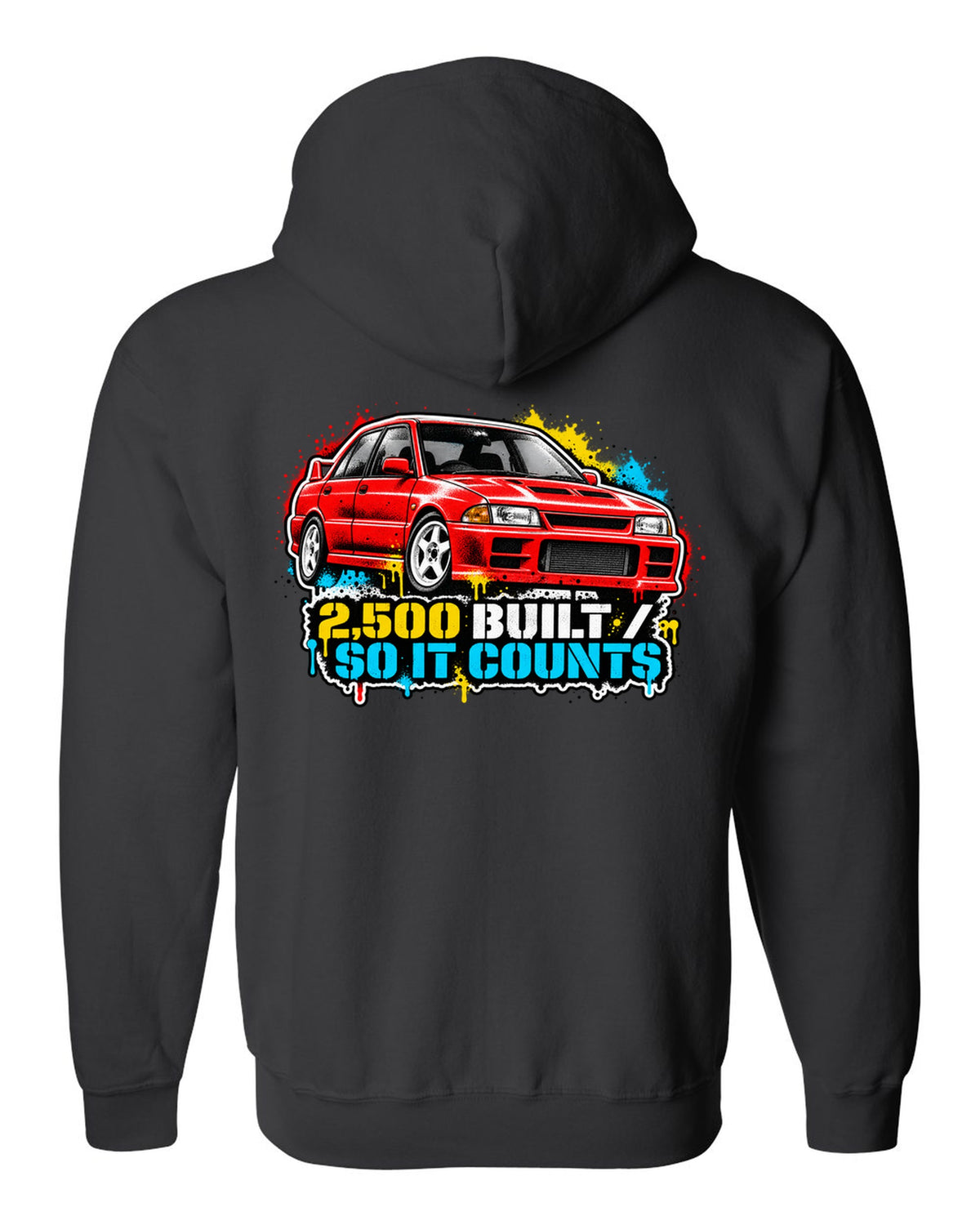Mitsubishi Lancer Evolution I CD9A in stencil spray street art, 2,500 BUILT / SO IT COUNTS black zip hoodie back view with the design