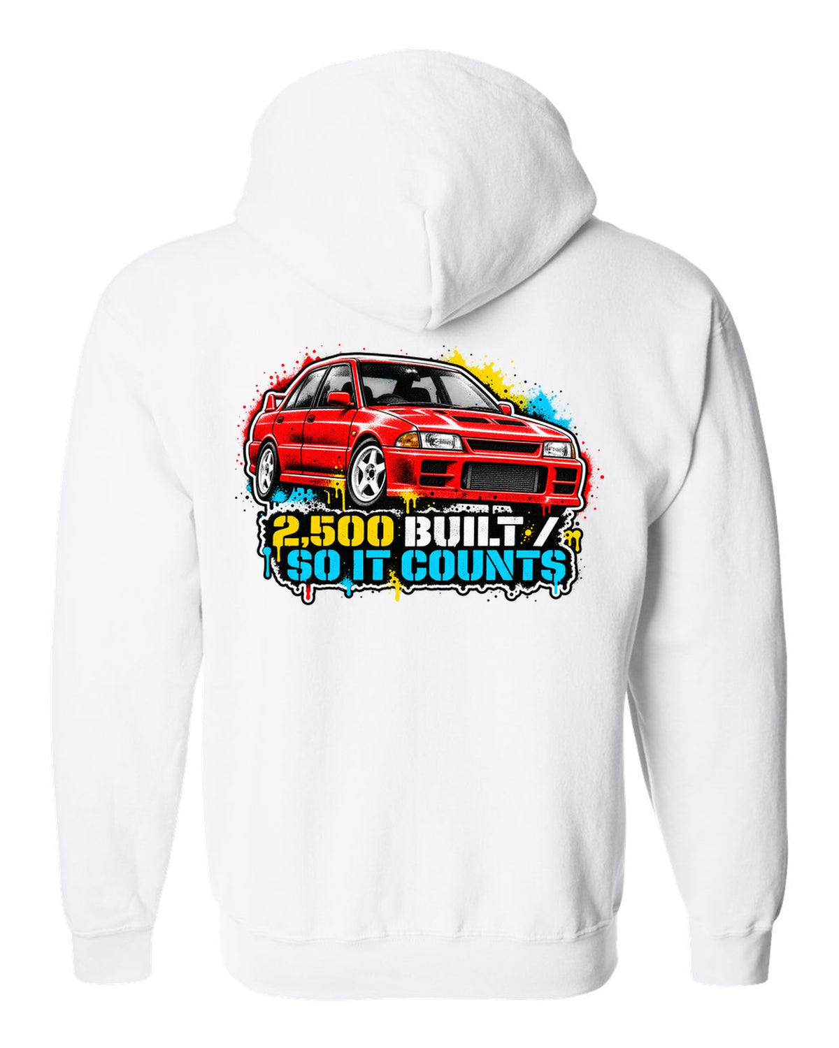 Mitsubishi Lancer Evolution I CD9A in stencil spray street art, 2,500 BUILT / SO IT COUNTS white zip hoodie back view with the design