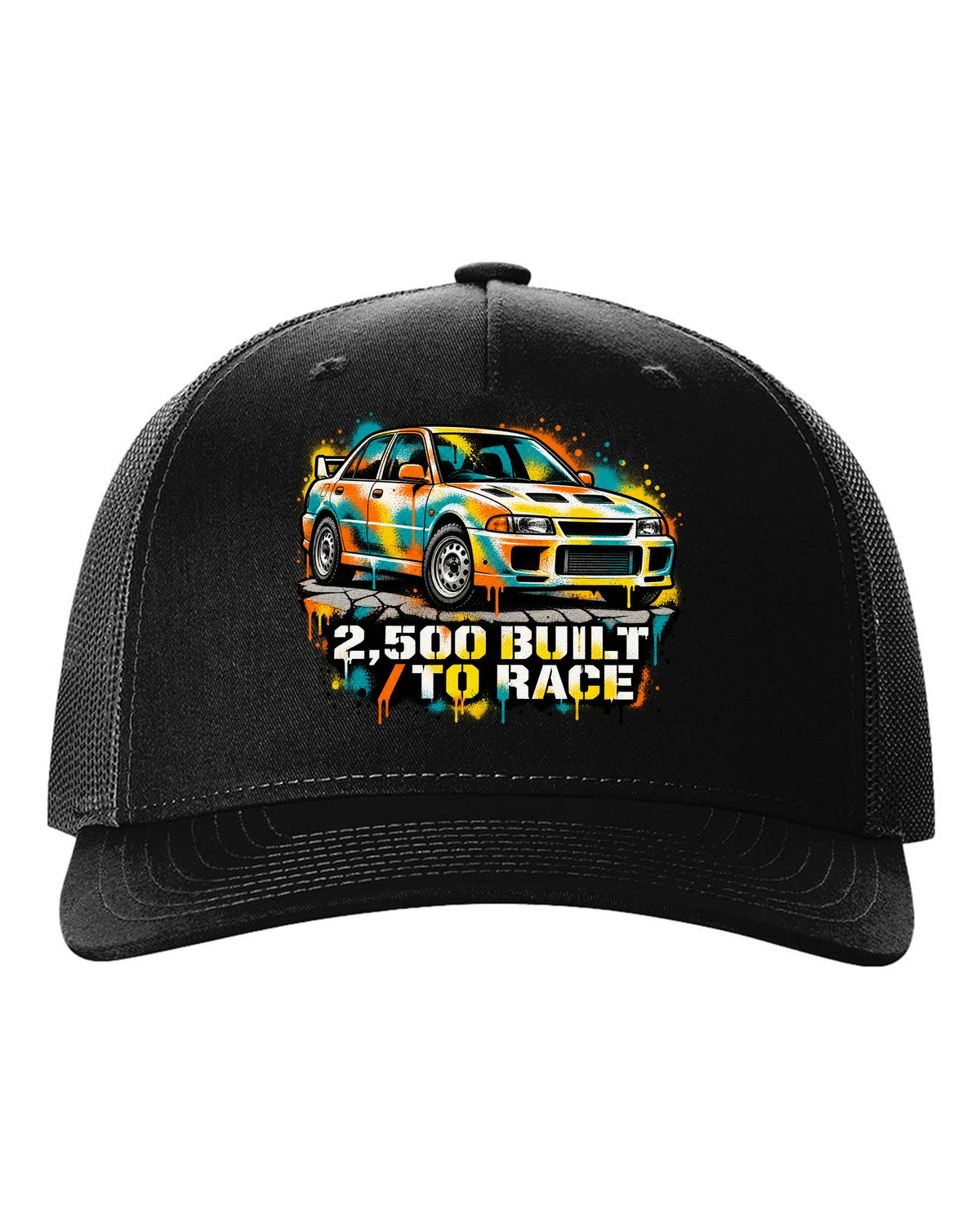 Spray-paint stencil of a Mitsubishi Lancer Evolution I CD9A with 2,500 built text black hat front view with the design
