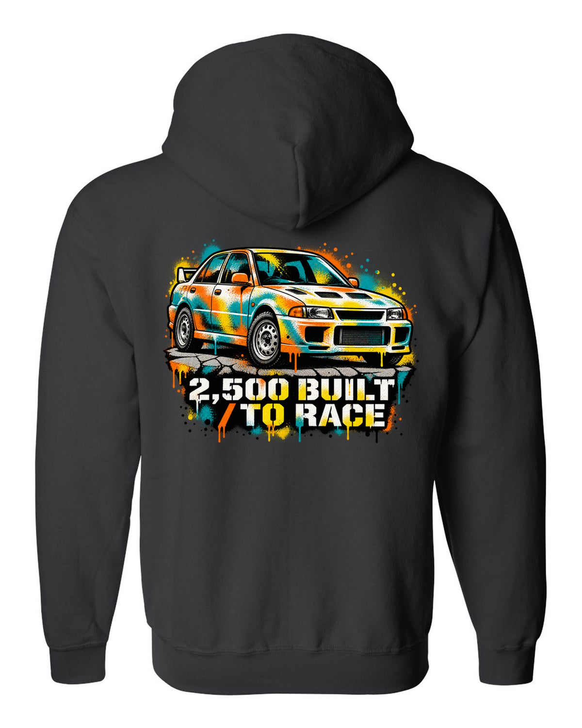 Spray-paint stencil of a Mitsubishi Lancer Evolution I CD9A with 2,500 built text black zip hoodie back view with the design