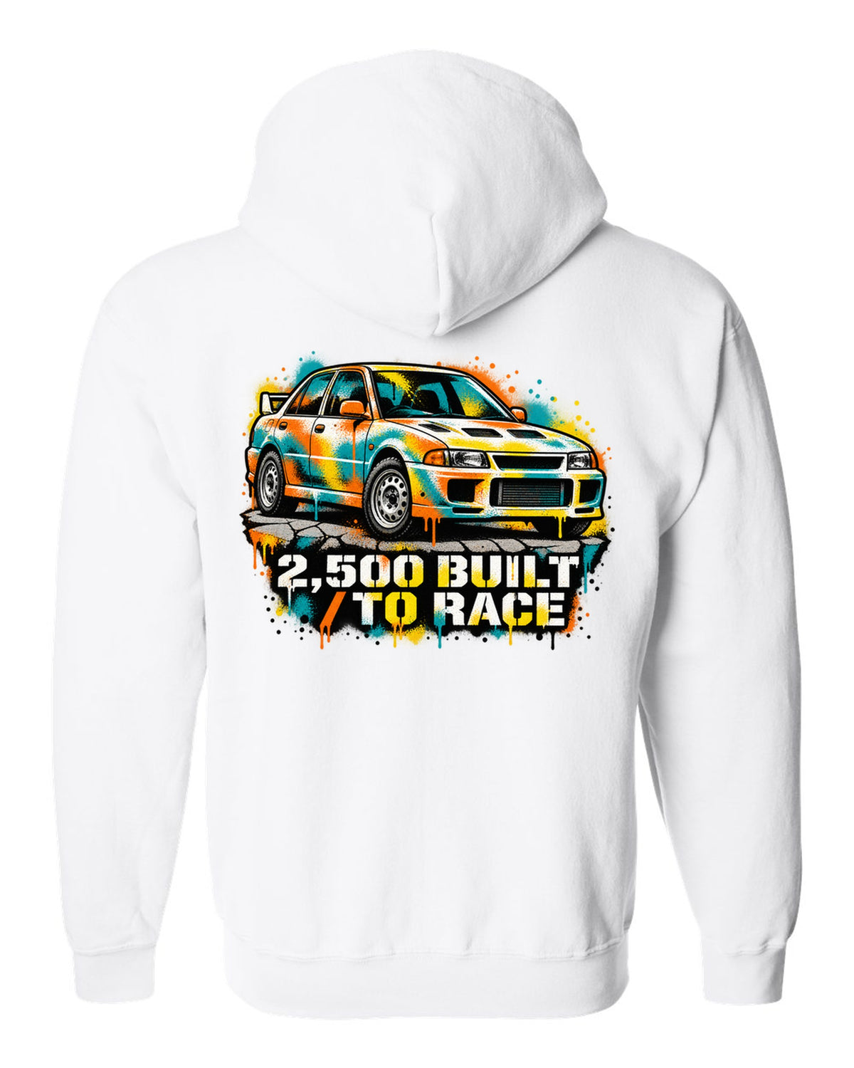 Spray-paint stencil of a Mitsubishi Lancer Evolution I CD9A with 2,500 built text white zip hoodie back view with the design