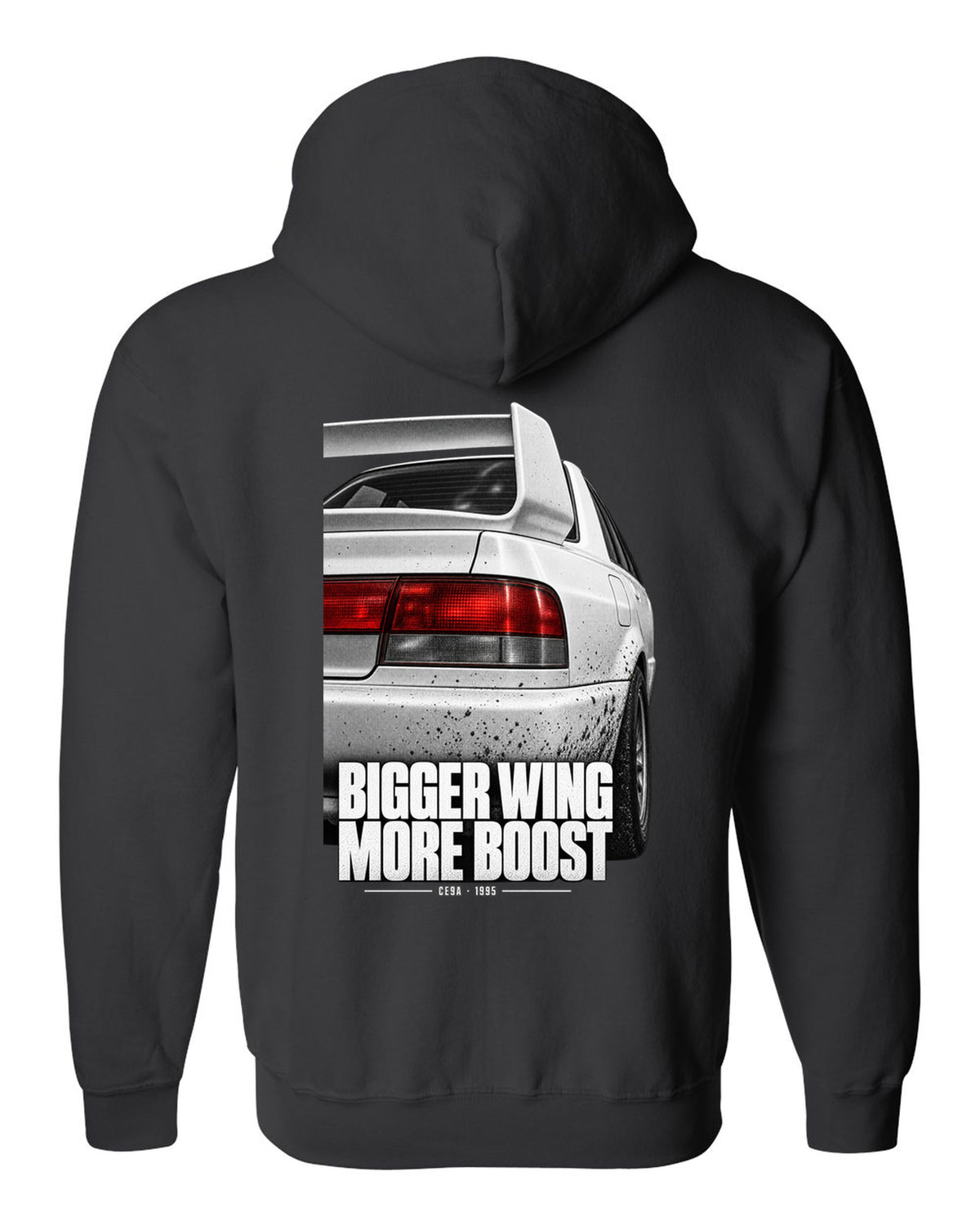 Tail and wing macro print for the Mitsubishi Lancer Evolution III CE9A reading Bigger Wing, More Boost black zip hoodie back view with the design