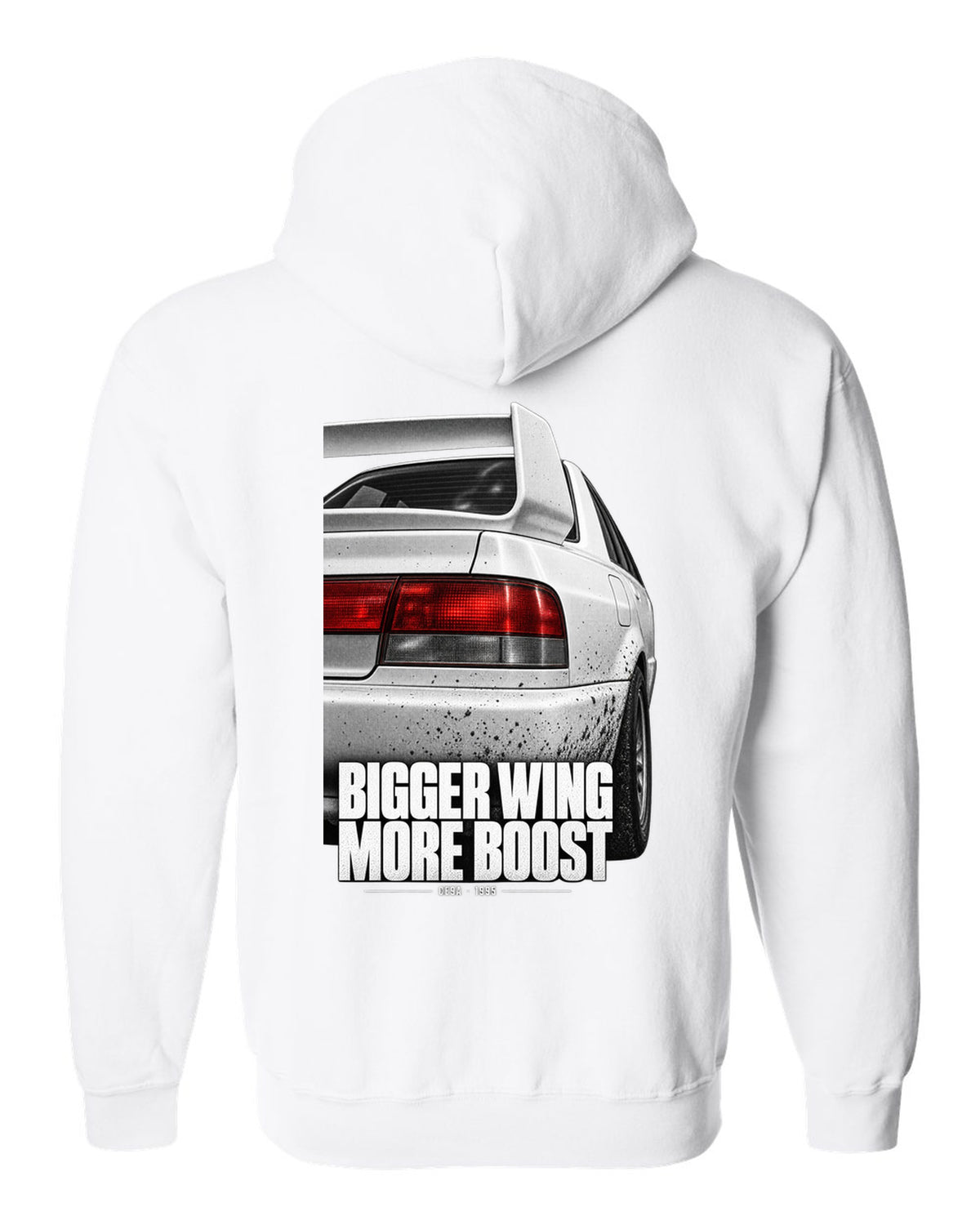 Tail and wing macro print for the Mitsubishi Lancer Evolution III CE9A reading Bigger Wing, More Boost white zip hoodie back view with the design