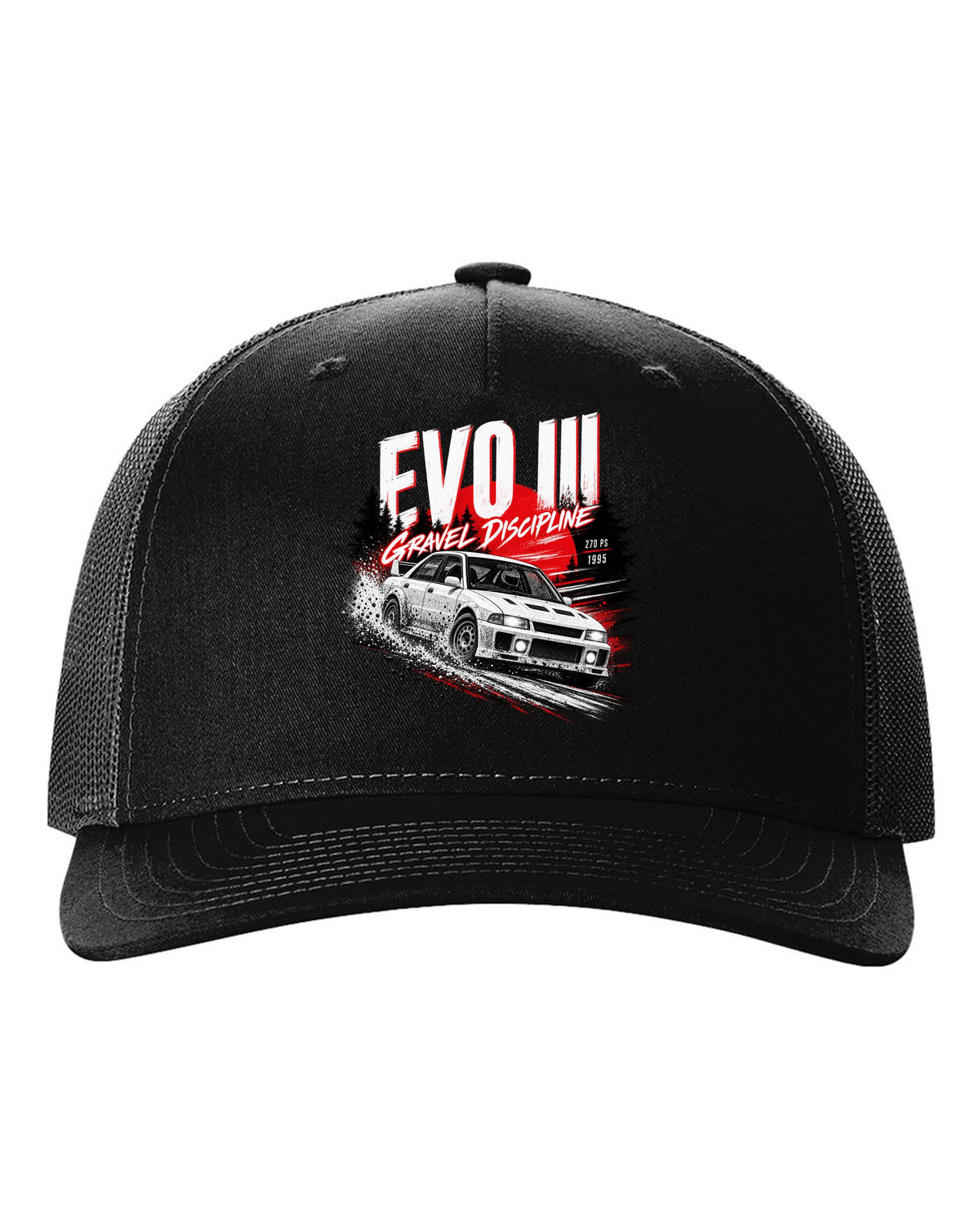 Night gravel road print for the Mitsubishi Lancer Evolution III CE9A reading Gravel Discipline, 270 PS, 1995 black hat front view with the design