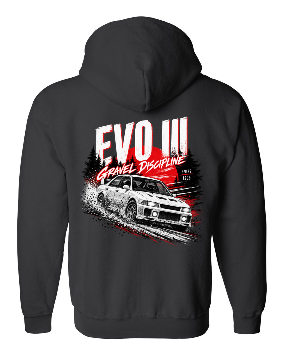 Night gravel road print for the Mitsubishi Lancer Evolution III CE9A reading Gravel Discipline, 270 PS, 1995 black zip hoodie back view with the design