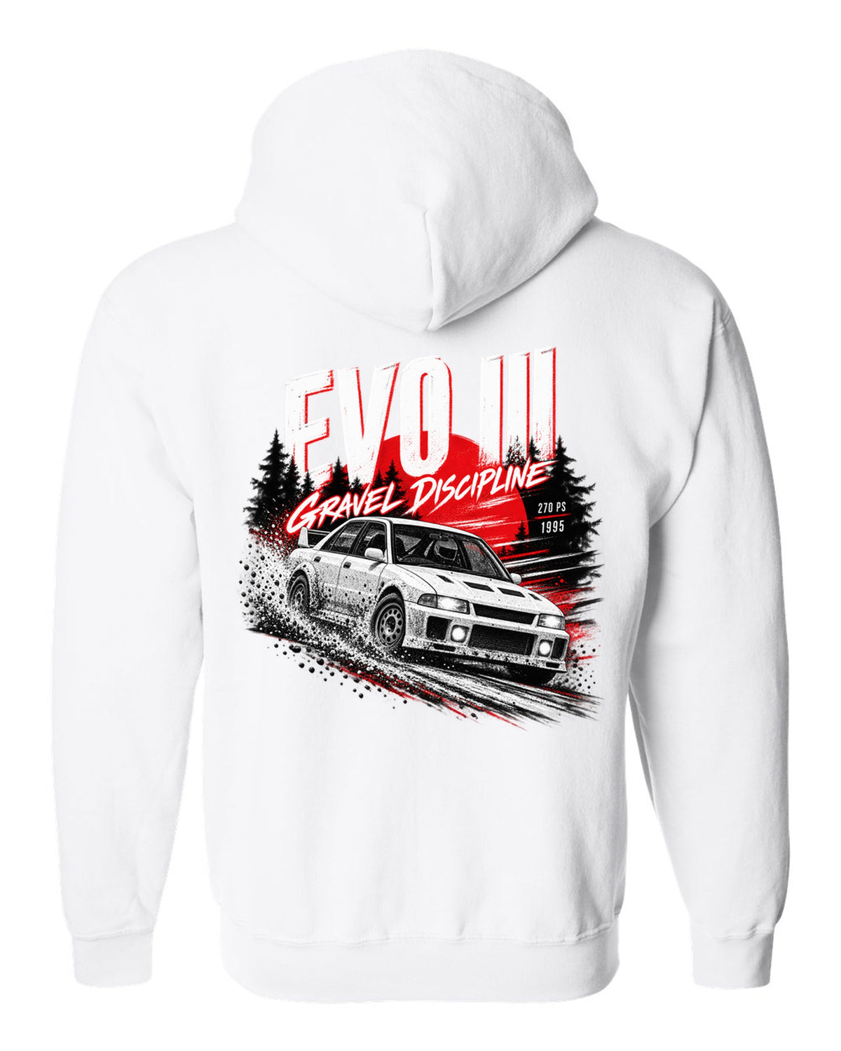 Night gravel road print for the Mitsubishi Lancer Evolution III CE9A reading Gravel Discipline, 270 PS, 1995 white zip hoodie back view with the design
