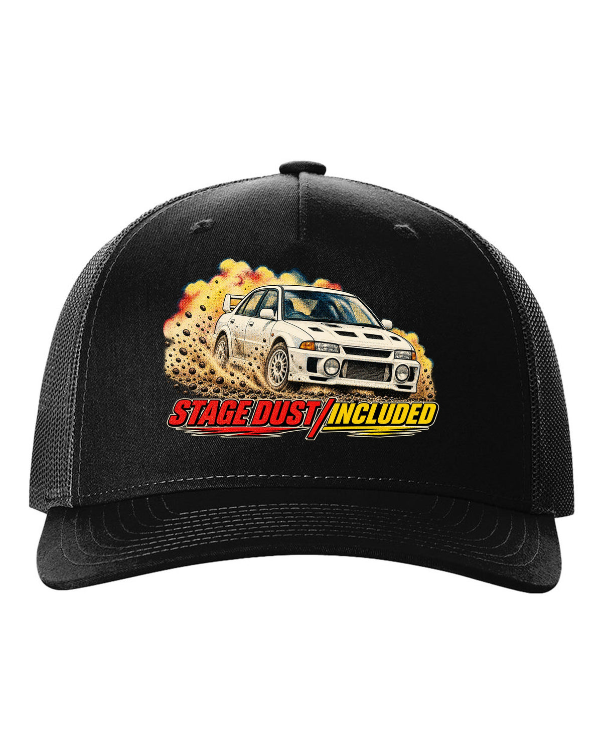 Halftone rally magazine style Mitsubishi Lancer Evolution III CE9A on gravel black hat front view with the design