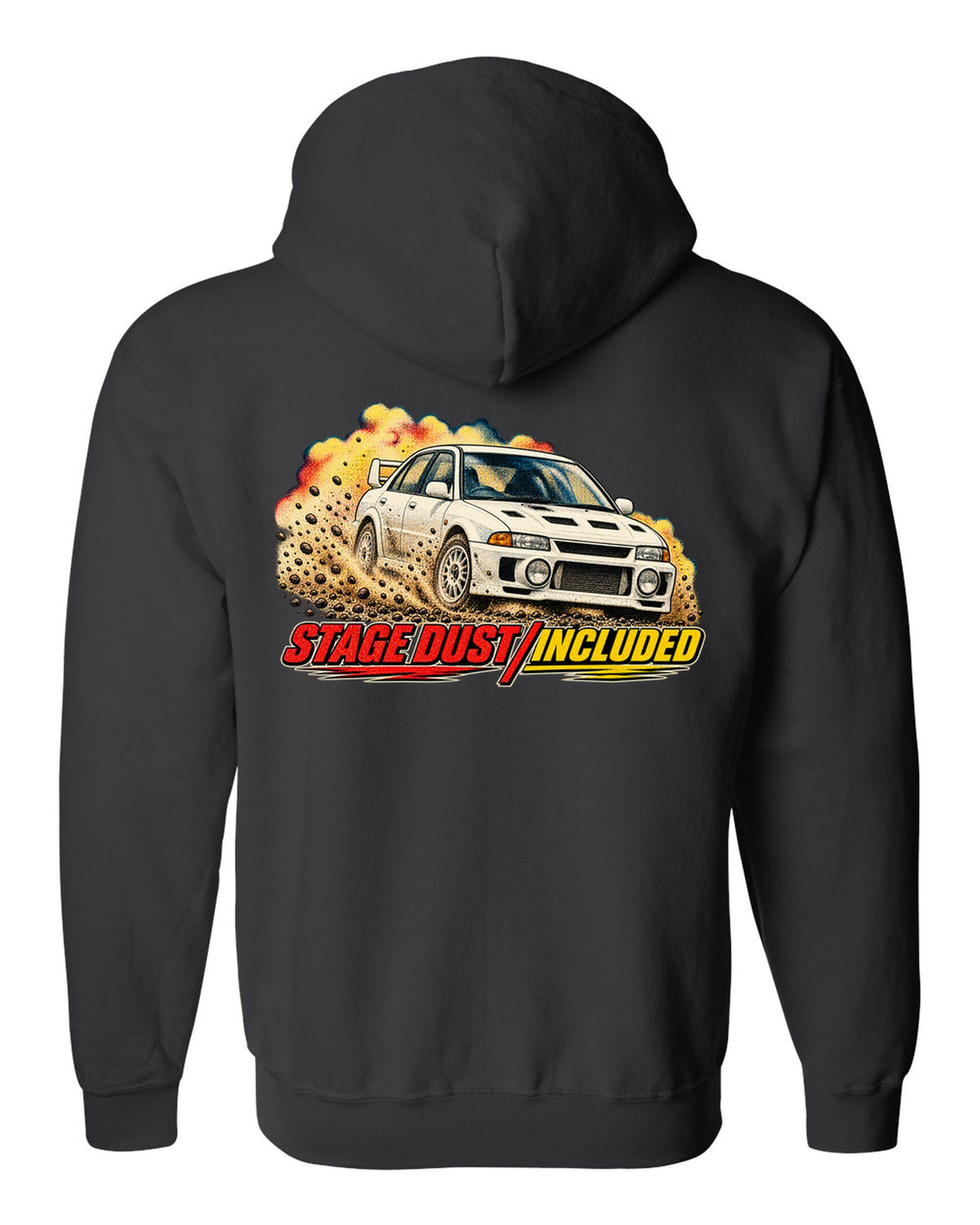 Halftone rally magazine style Mitsubishi Lancer Evolution III CE9A on gravel black zip hoodie back view with the design