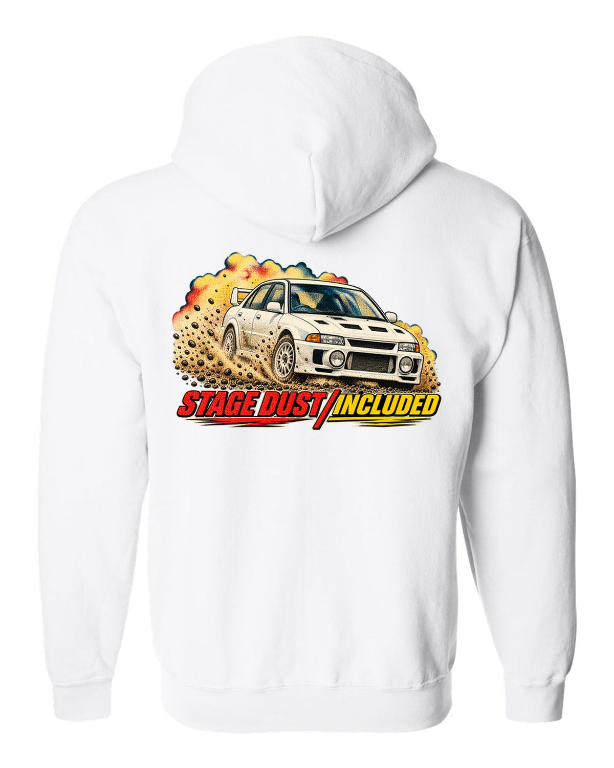 Halftone rally magazine style Mitsubishi Lancer Evolution III CE9A on gravel white zip hoodie back view with the design