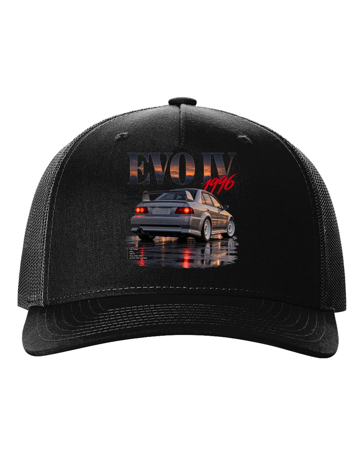 Editorial headline print for the Mitsubishi Lancer Evolution IV CN9A reading Active Yaw Control, first of its kind, 1996 black hat front view with the design