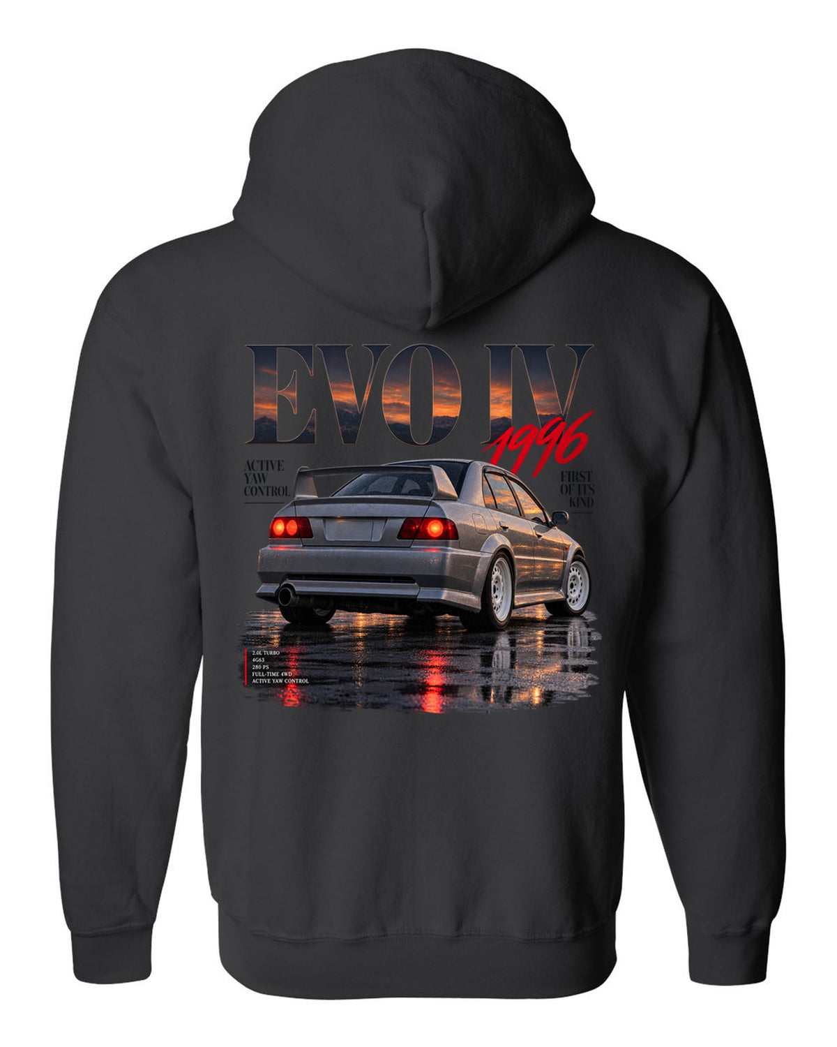 Editorial headline print for the Mitsubishi Lancer Evolution IV CN9A reading Active Yaw Control, first of its kind, 1996 black zip hoodie back view with the design
