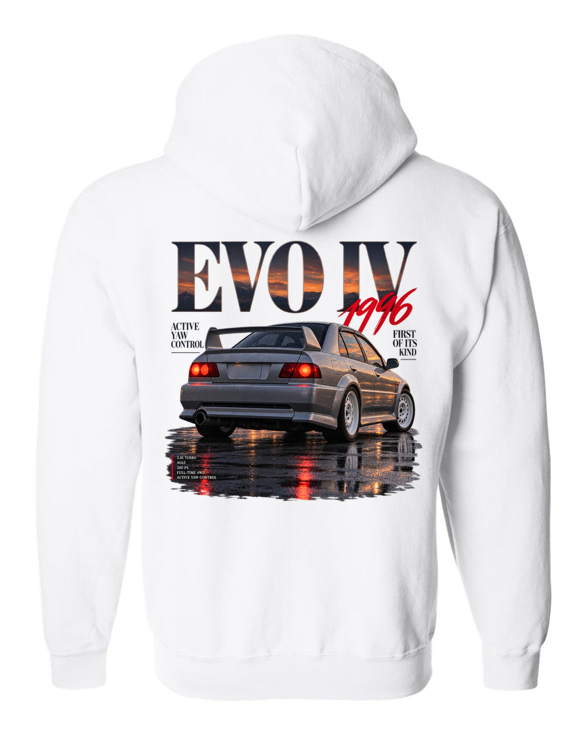 Editorial headline print for the Mitsubishi Lancer Evolution IV CN9A reading Active Yaw Control, first of its kind, 1996 white zip hoodie back view with the design