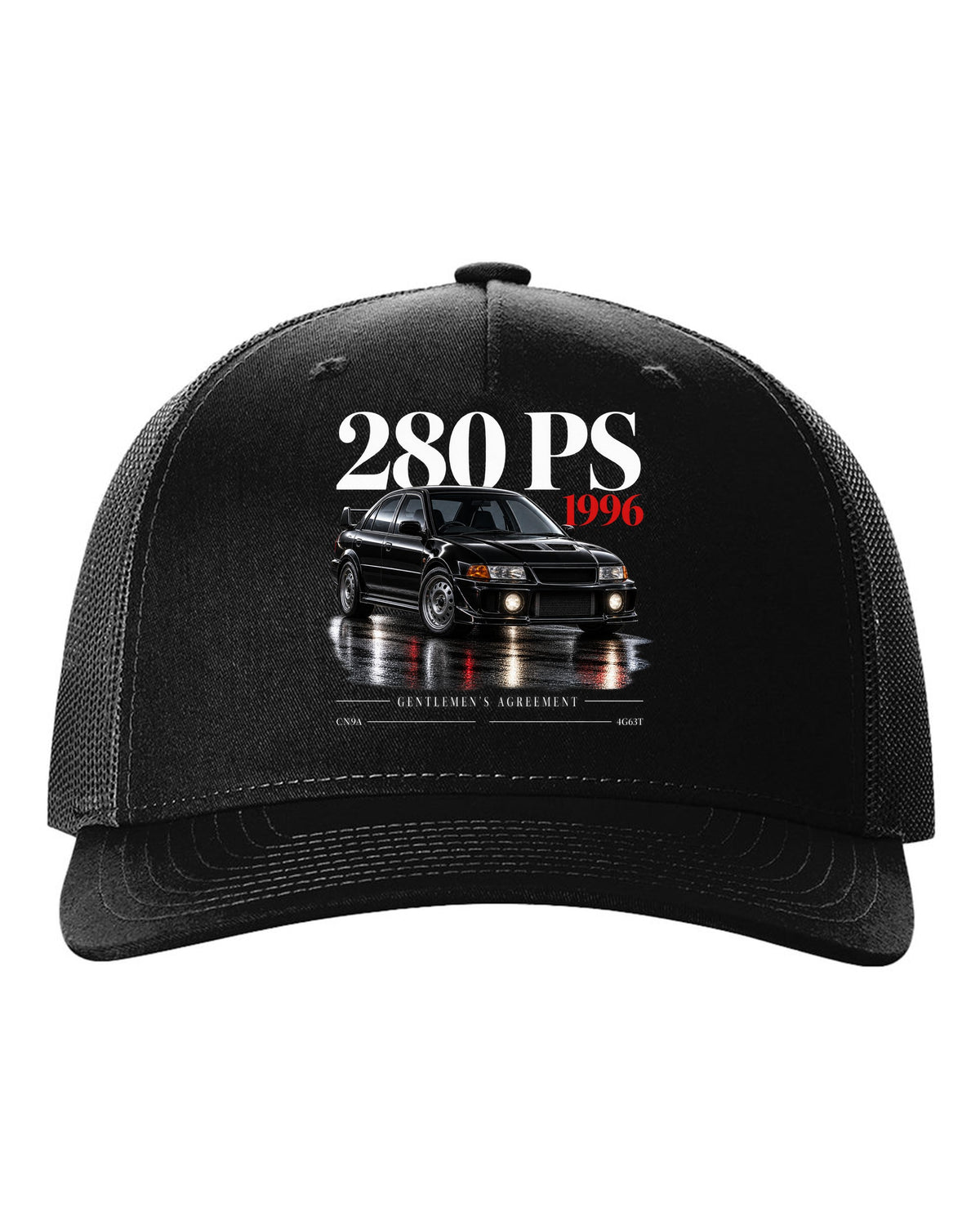 Editorial headline print for the Mitsubishi Lancer Evolution IV CN9A reading 280 PS, 1996, Gentlemen's Agreement, 4G63T black hat front view with the design