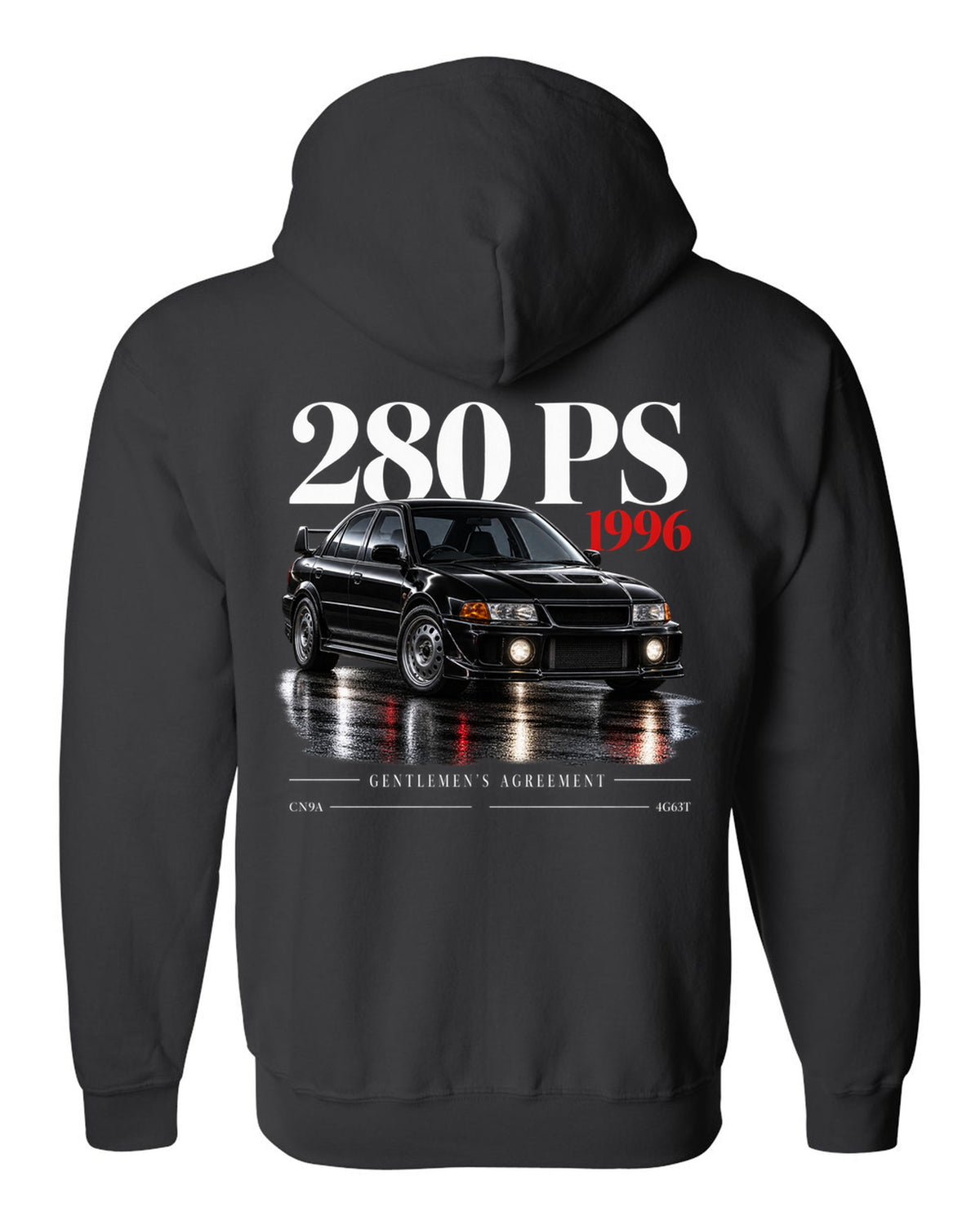 Editorial headline print for the Mitsubishi Lancer Evolution IV CN9A reading 280 PS, 1996, Gentlemen's Agreement, 4G63T black zip hoodie back view with the design