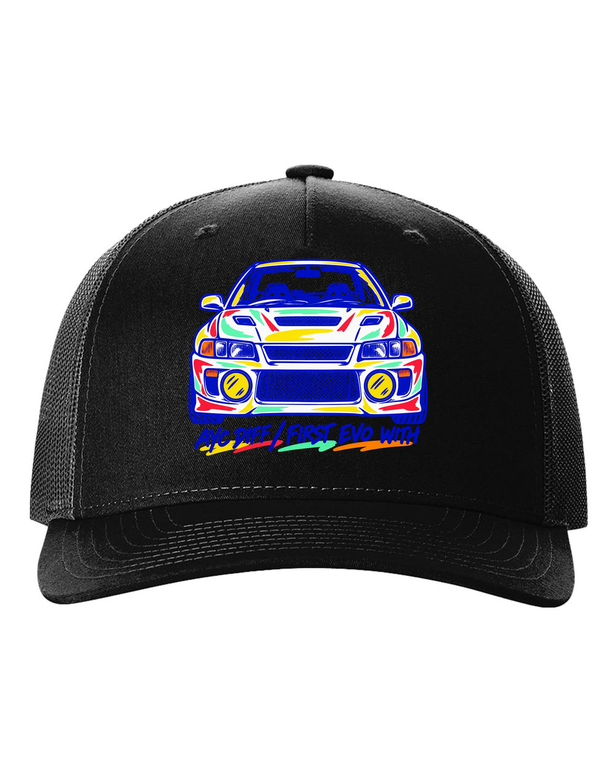 Mono-line napkin sketch of a Mitsubishi Lancer Evolution IV CN9A black hat front view with the design