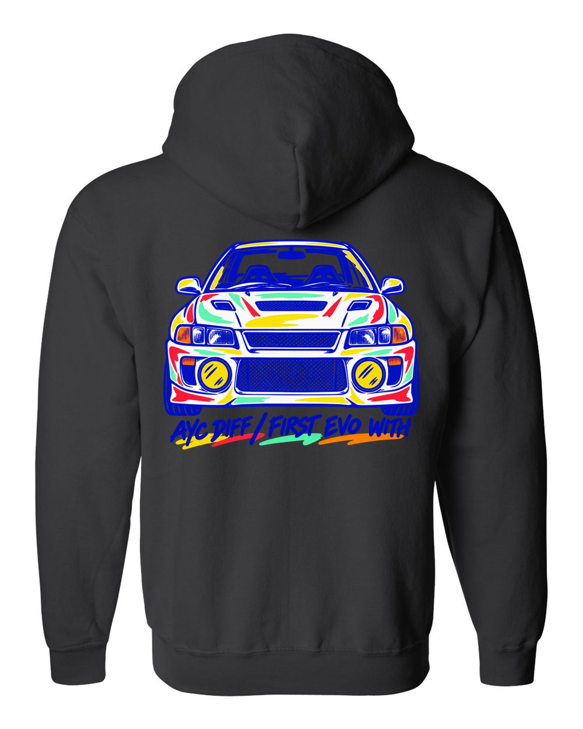 Mono-line napkin sketch of a Mitsubishi Lancer Evolution IV CN9A black zip hoodie back view with the design
