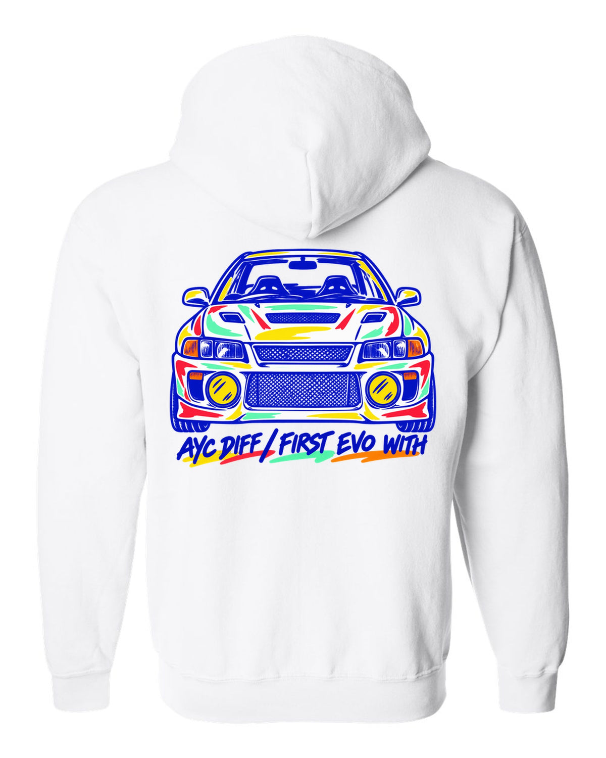 Mono-line napkin sketch of a Mitsubishi Lancer Evolution IV CN9A white zip hoodie back view with the design