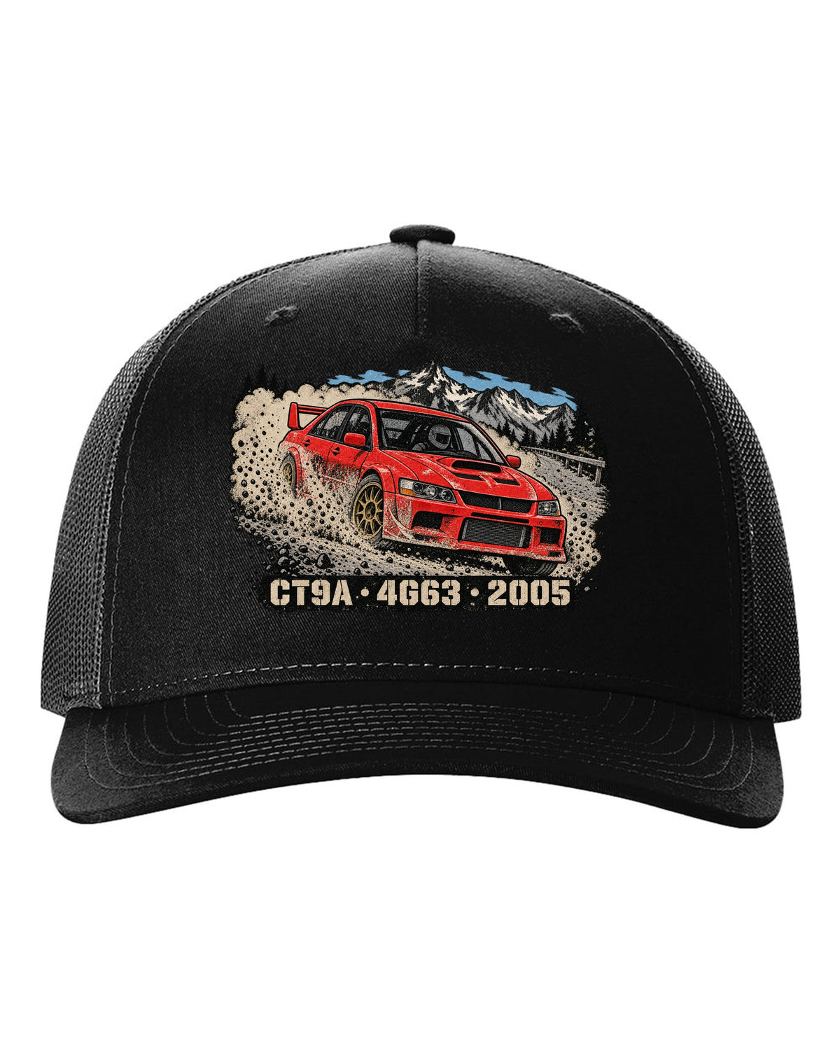 Distressed screenprint print of a Mitsubishi Lancer Evolution IX CT9A on gravel with CT9A 4G63 2005 lettering black hat front view with the design
