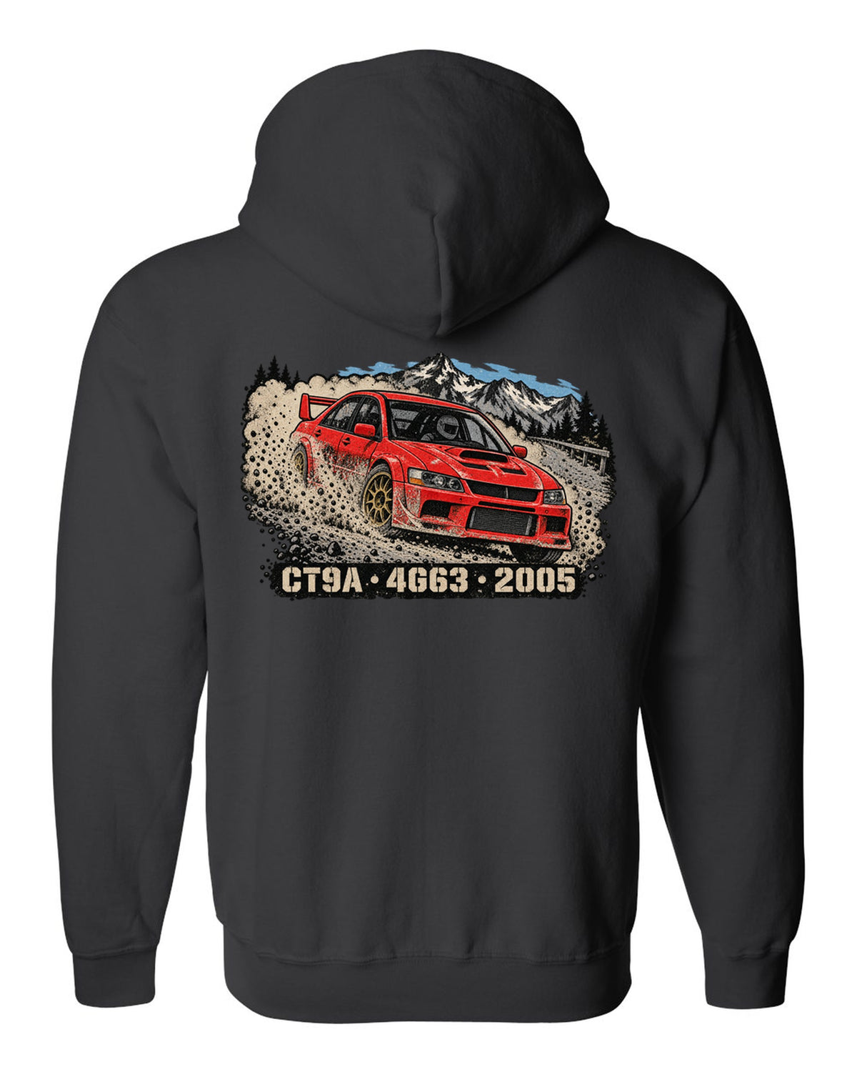 Distressed screenprint print of a Mitsubishi Lancer Evolution IX CT9A on gravel with CT9A 4G63 2005 lettering black zip hoodie back view with the design