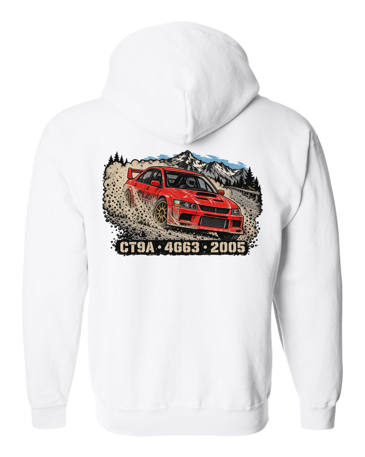Distressed screenprint print of a Mitsubishi Lancer Evolution IX CT9A on gravel with CT9A 4G63 2005 lettering white zip hoodie back view with the design