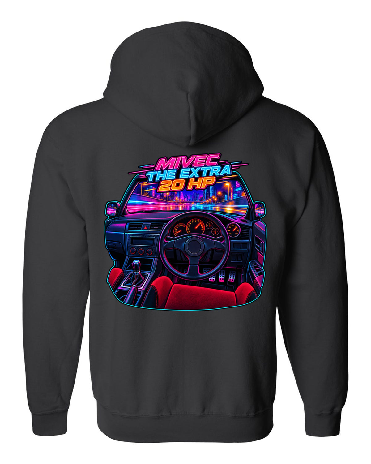 Neon cyberpunk gauge cluster cockpit of a Mitsubishi Lancer Evolution IX MR black zip hoodie back view with the design