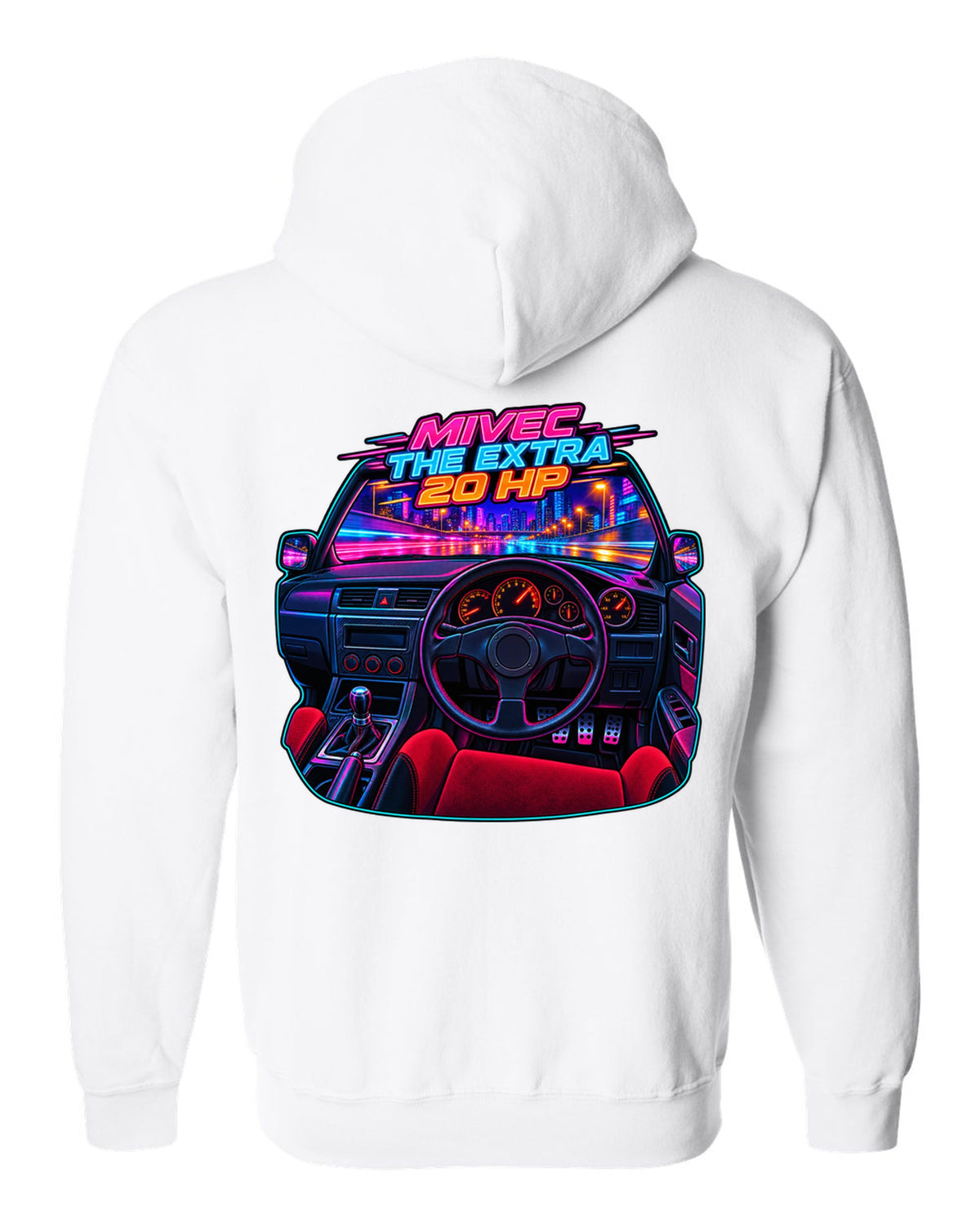 Neon cyberpunk gauge cluster cockpit of a Mitsubishi Lancer Evolution IX MR white zip hoodie back view with the design