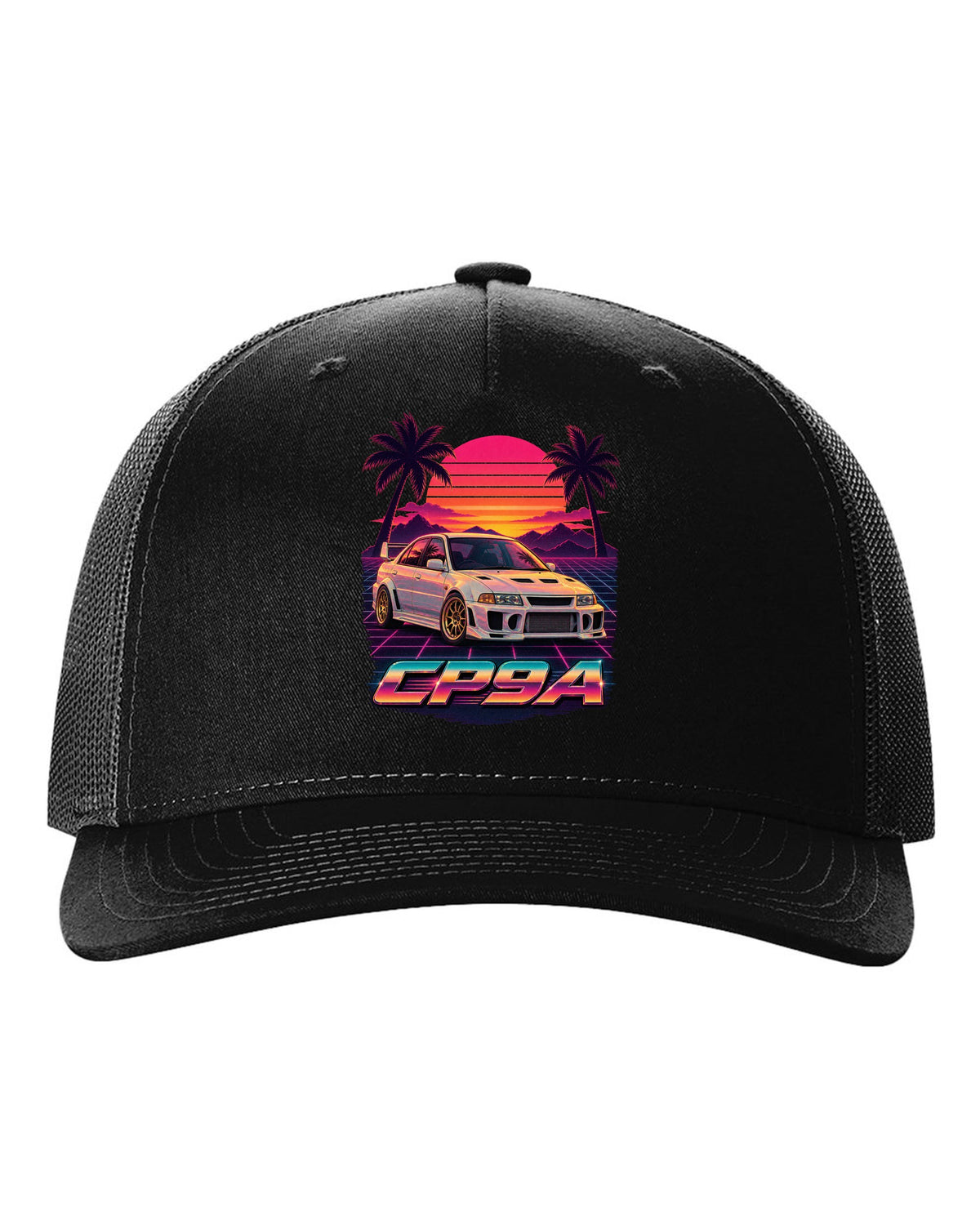 Synthwave sunset poster of a Mitsubishi Lancer Evolution V CP9A with palm trees black hat front view with the design