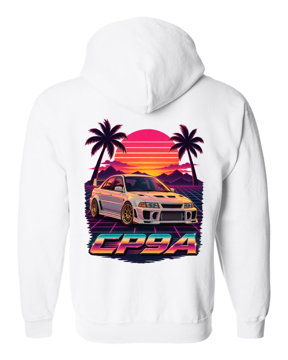 Synthwave sunset poster of a Mitsubishi Lancer Evolution V CP9A with palm trees white zip hoodie back view with the design