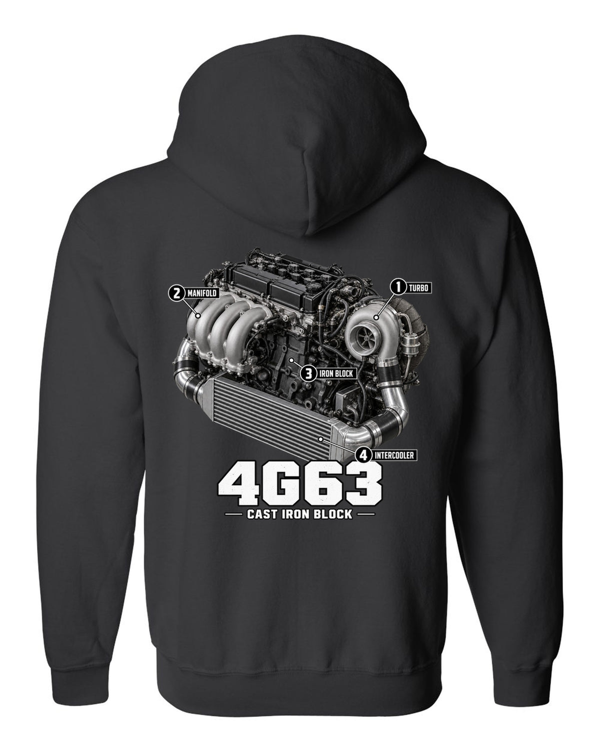 Engine diagram print for the Mitsubishi Lancer Evolution VI CP9A showing a 4G63 with turbo, manifold, iron block and intercooler callouts black zip hoodie back view with the design