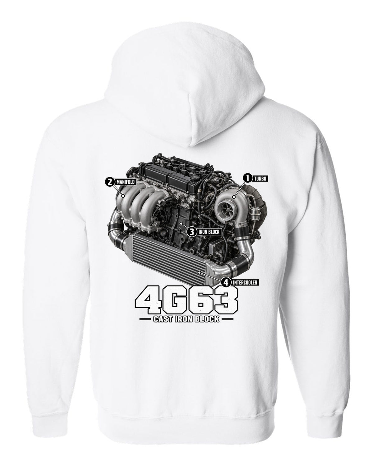 Engine diagram print for the Mitsubishi Lancer Evolution VI CP9A showing a 4G63 with turbo, manifold, iron block and intercooler callouts white zip hoodie back view with the design
