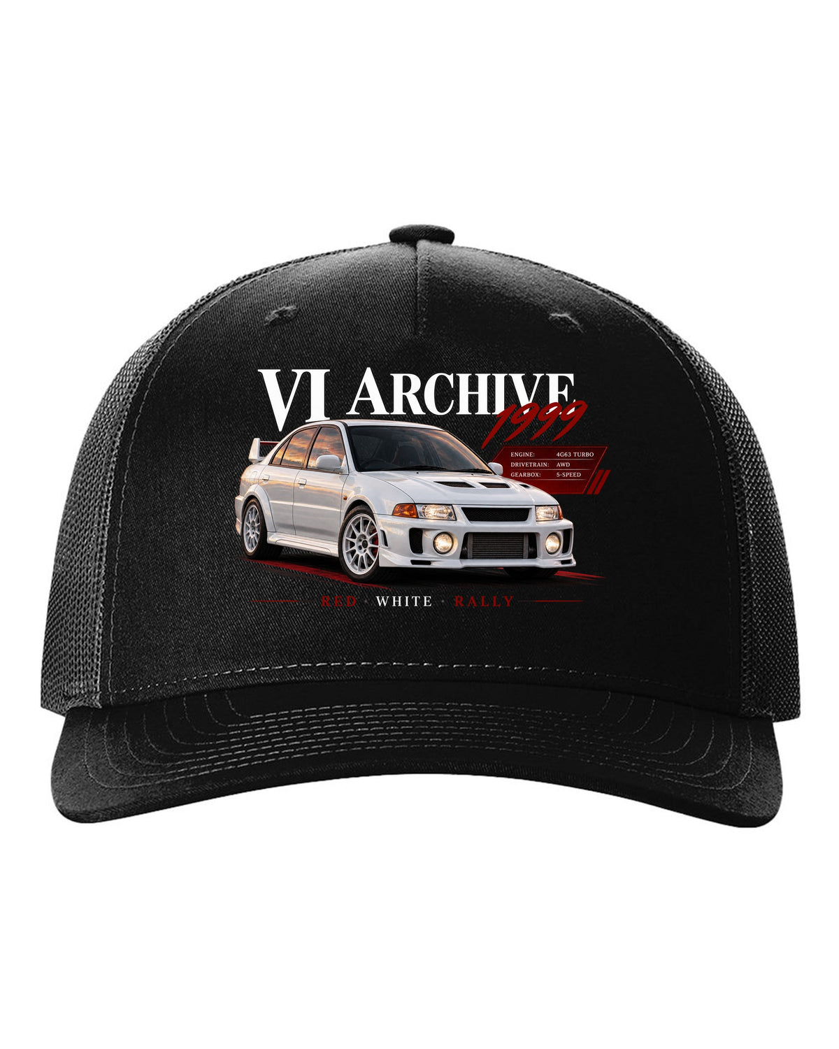 Archive panel print for the Mitsubishi Lancer Evolution VI CP9A listing 4G63 turbo, AWD, 5-speed, red white rally black hat front view with the design