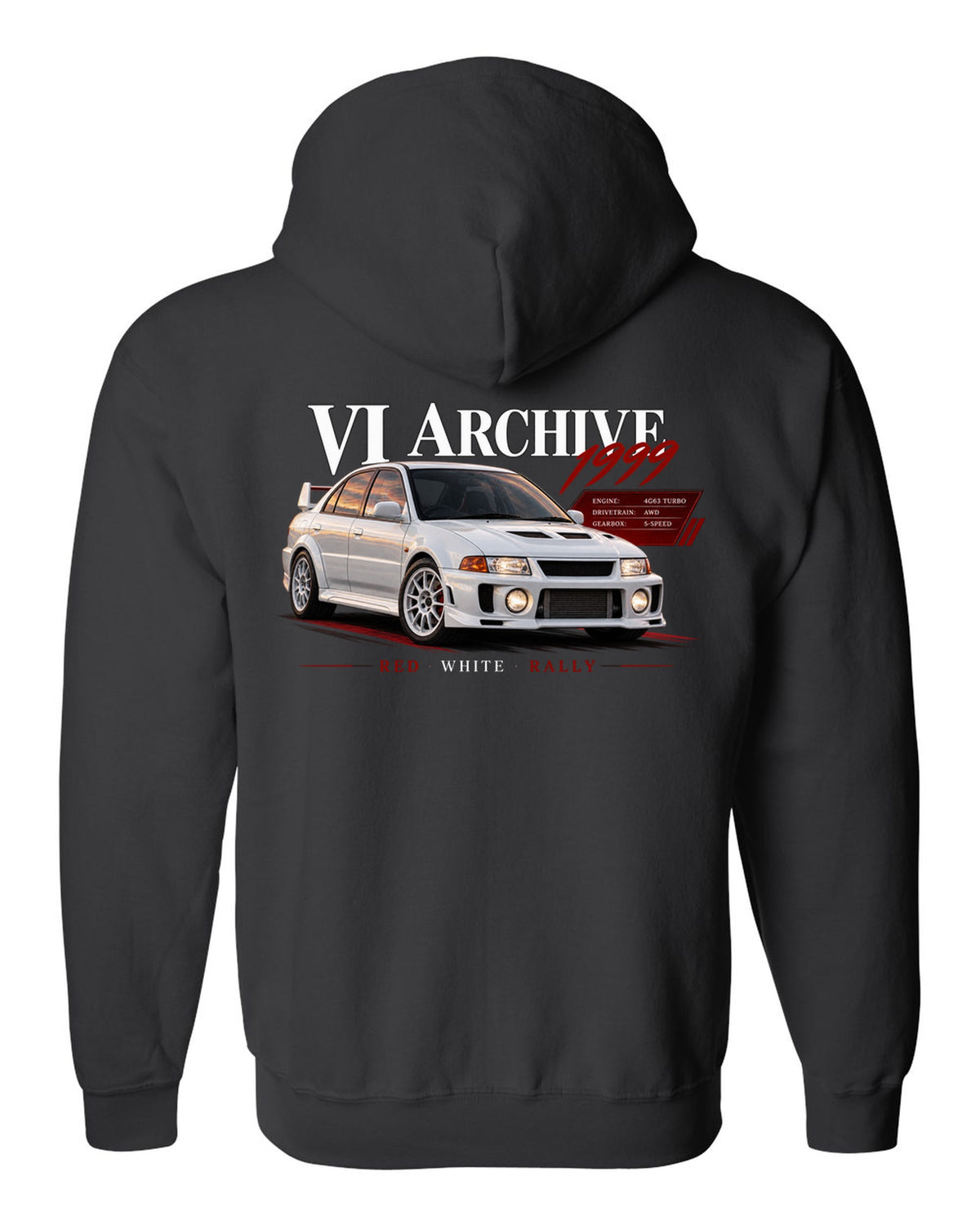 Archive panel print for the Mitsubishi Lancer Evolution VI CP9A listing 4G63 turbo, AWD, 5-speed, red white rally black zip hoodie back view with the design