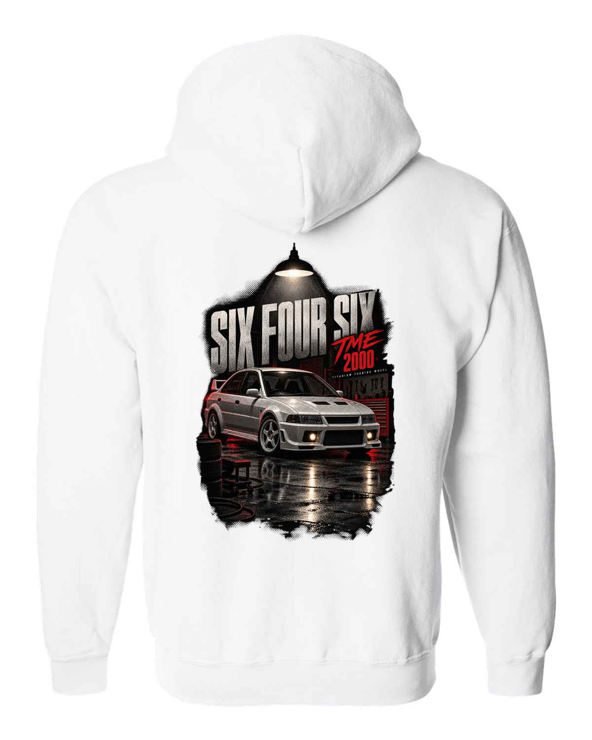 Garage night print for the Mitsubishi Lancer Evolution VI TME CP9A reading Six Four Six, titanium turbine wheel, 2000 white zip hoodie back view with the design