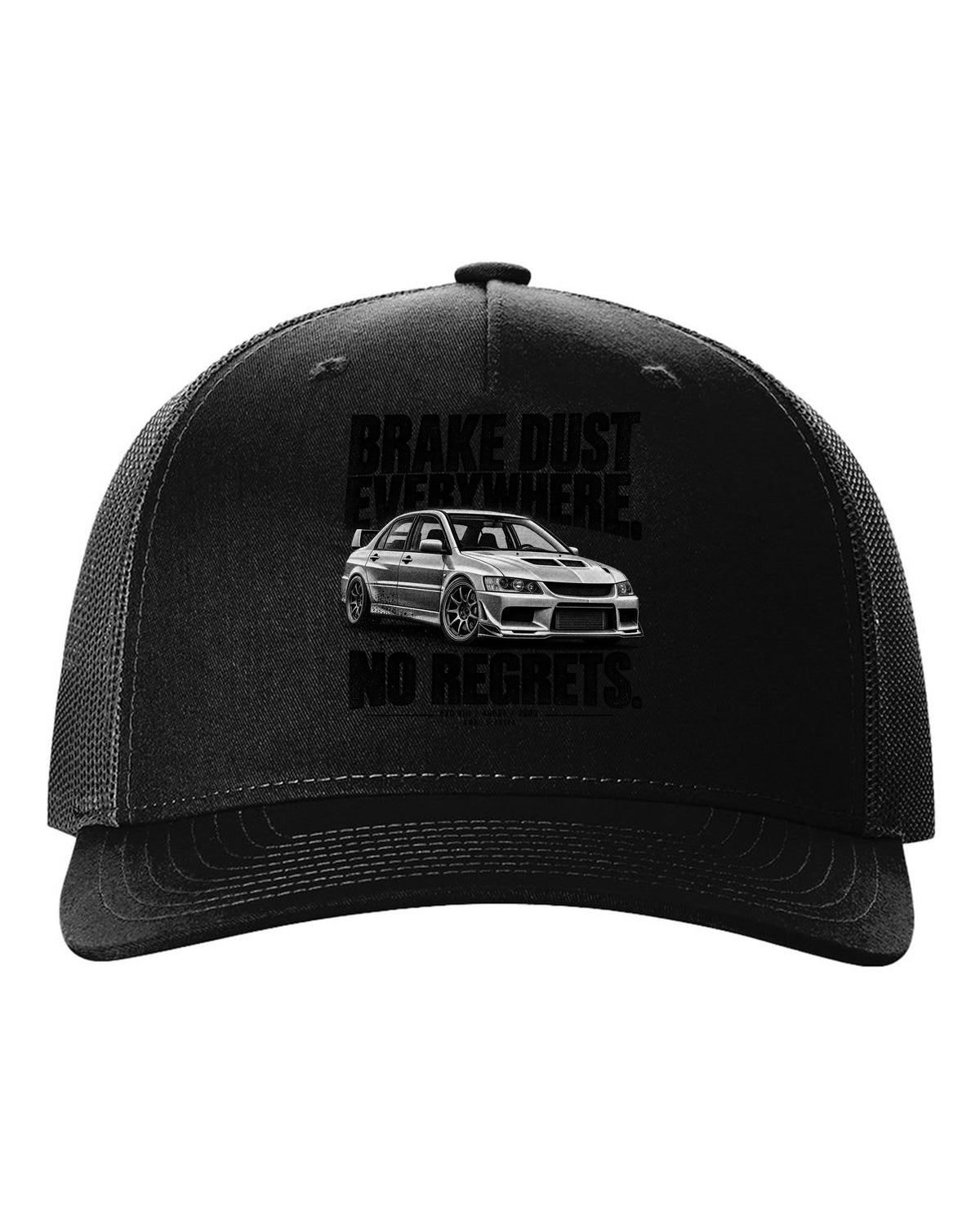 Halftone print for the Mitsubishi Lancer Evolution VIII CT9A reading Brake Dust Everywhere, No Regrets, 4G63T, 2003 black hat front view with the design