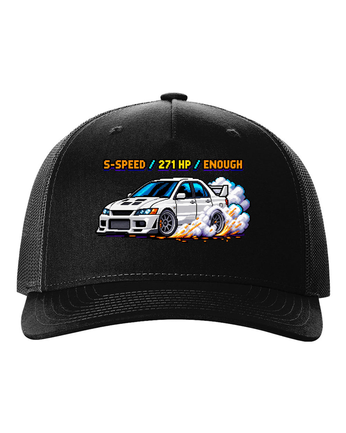 8-bit pixel art Mitsubishi Lancer Evolution VIII CT9A with launch control stats black hat front view with the design