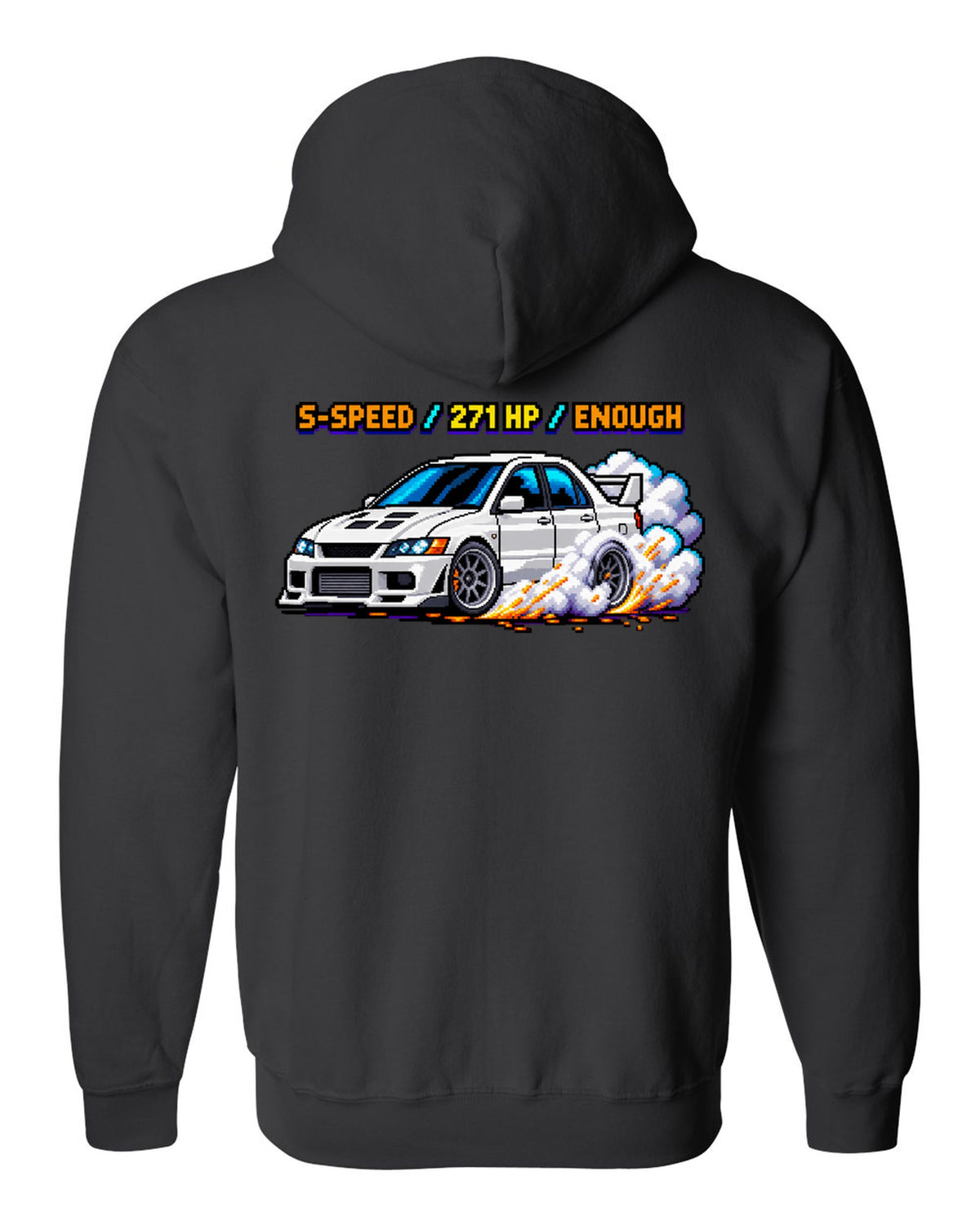 8-bit pixel art Mitsubishi Lancer Evolution VIII CT9A with launch control stats black zip hoodie back view with the design