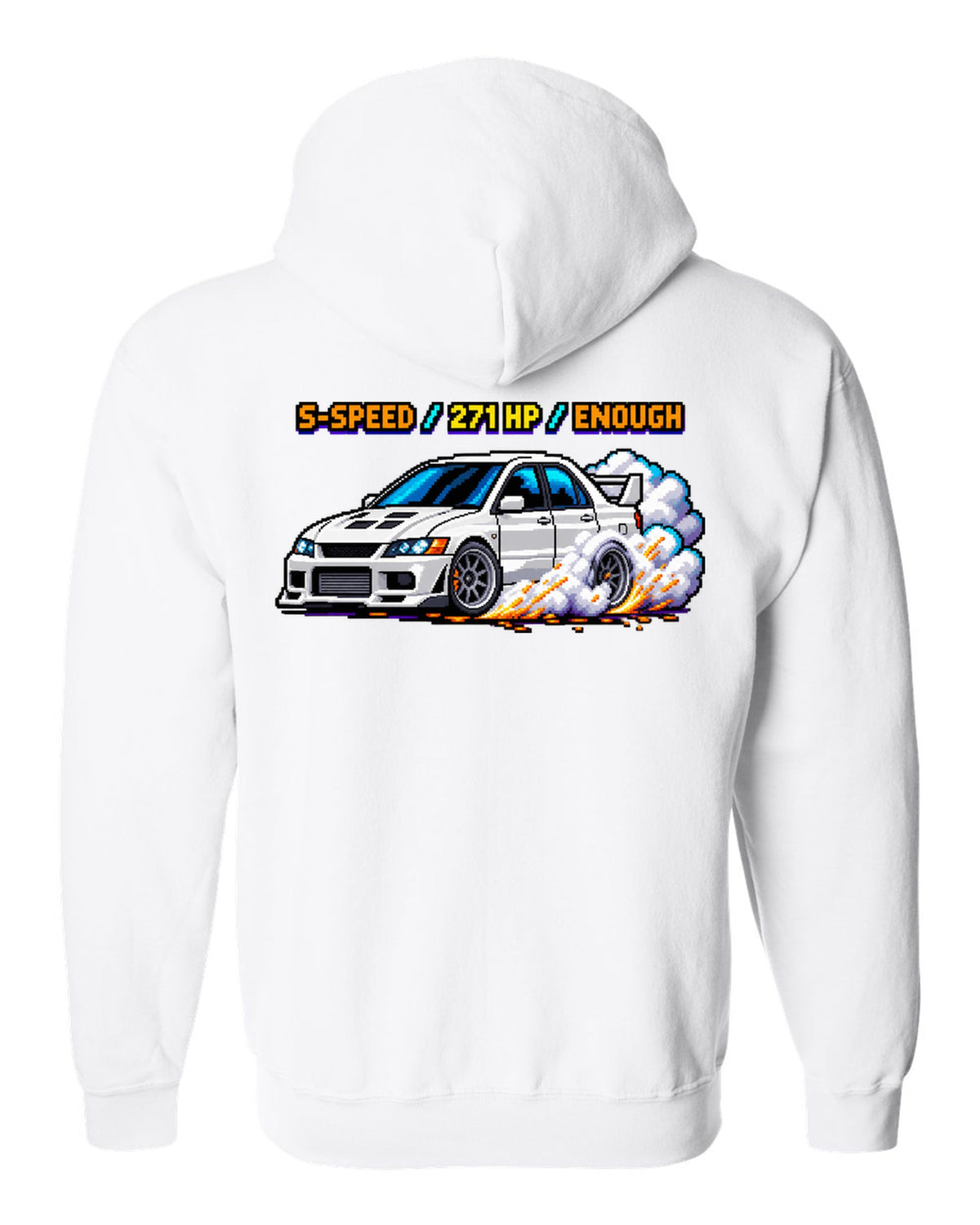8-bit pixel art Mitsubishi Lancer Evolution VIII CT9A with launch control stats white zip hoodie back view with the design