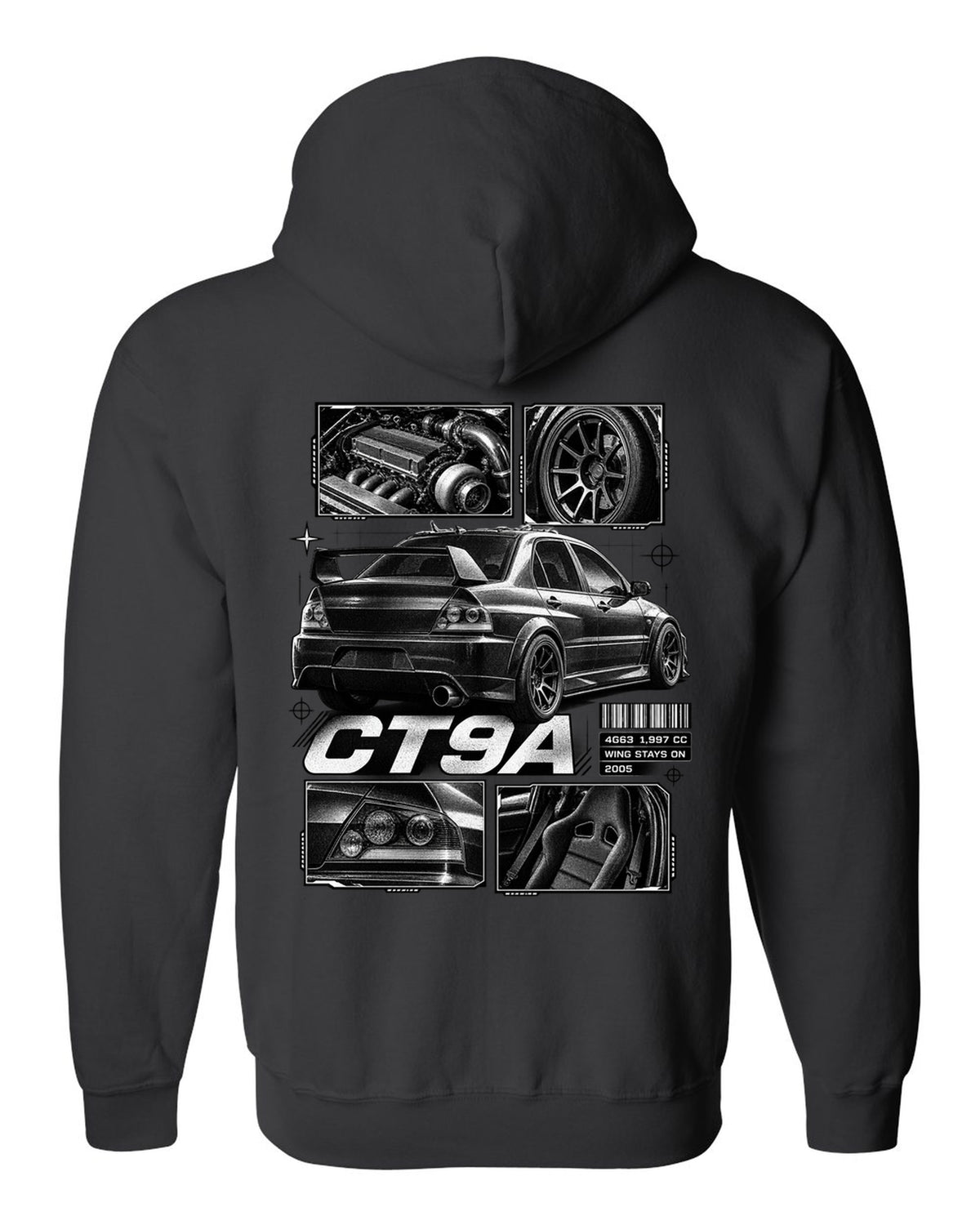 Dossier panel print of a Mitsubishi Lancer Evolution VIII IX CT9A black zip hoodie back view with the design