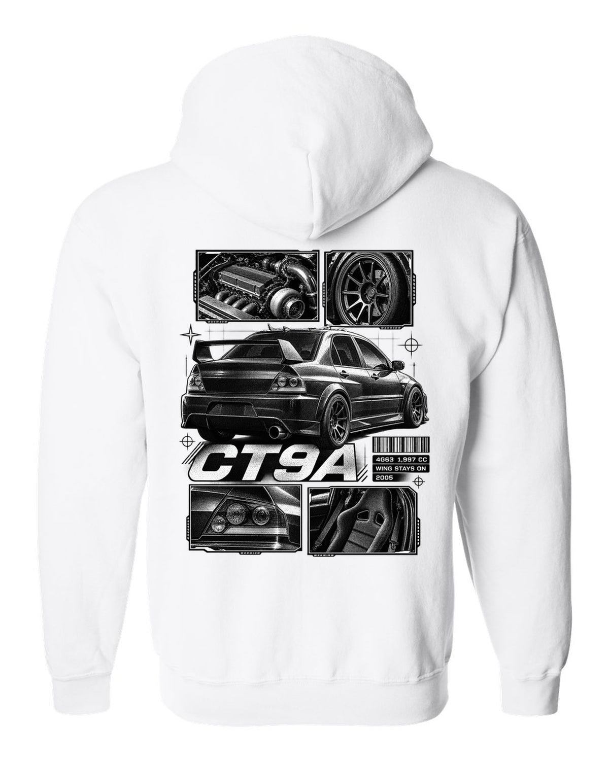 Dossier panel print of a Mitsubishi Lancer Evolution VIII IX CT9A white zip hoodie back view with the design