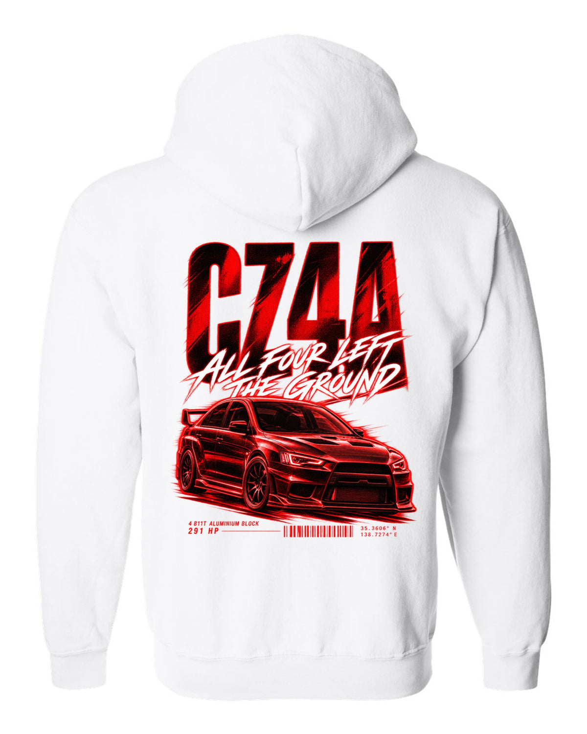 Mitsubishi Lancer Evolution X CZ4A street poster print with 4B11T and 291 HP text white zip hoodie back view with the design