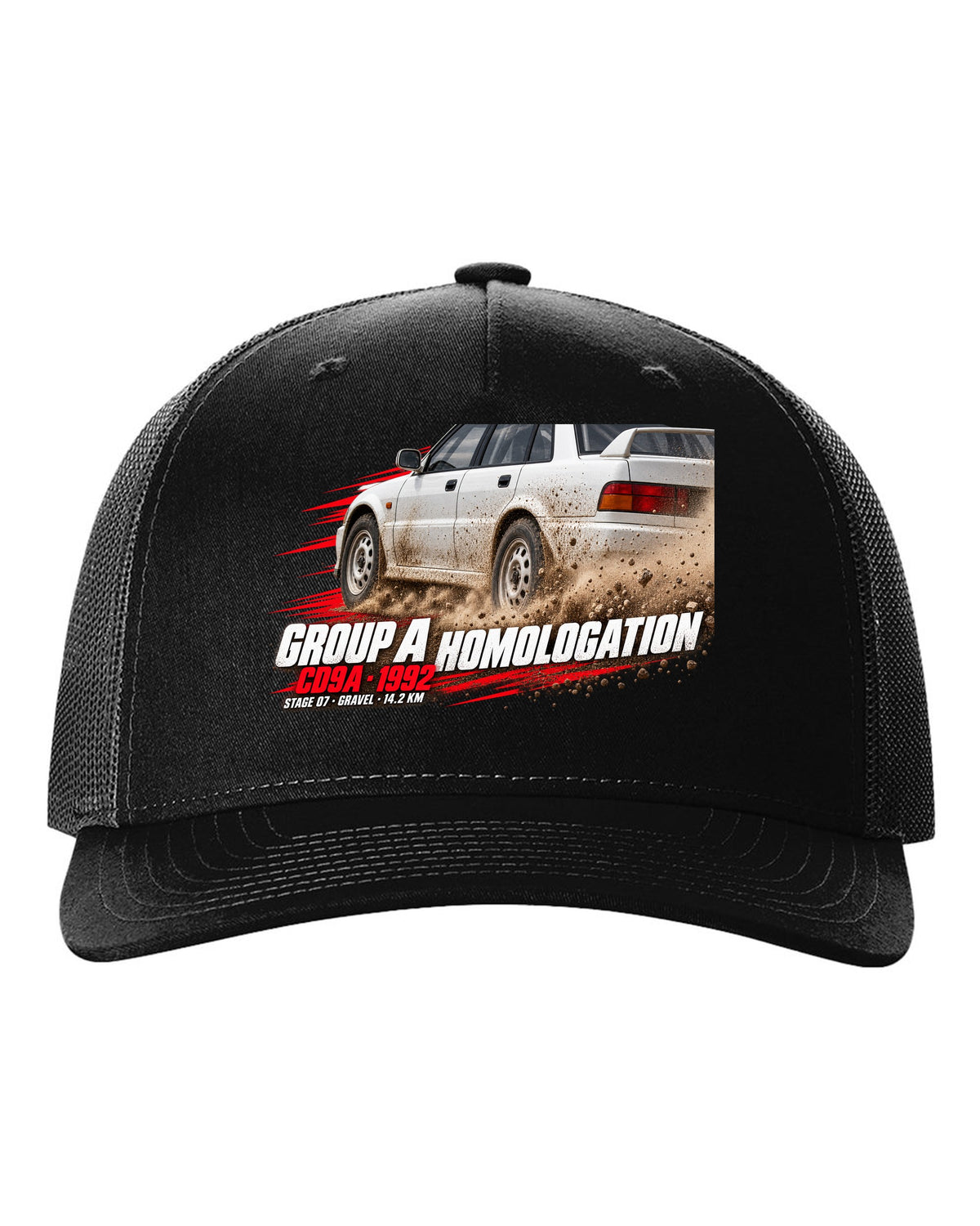 Rally poster print for the Mitsubishi Lancer Evolution I CD9A reading Group A Homologation, 1992, Stage 07 gravel black hat front view with the design