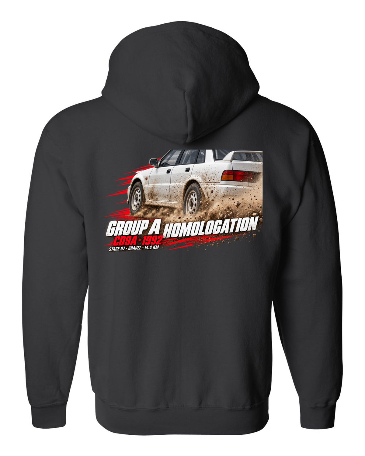 Rally poster print for the Mitsubishi Lancer Evolution I CD9A reading Group A Homologation, 1992, Stage 07 gravel black zip hoodie back view with the design