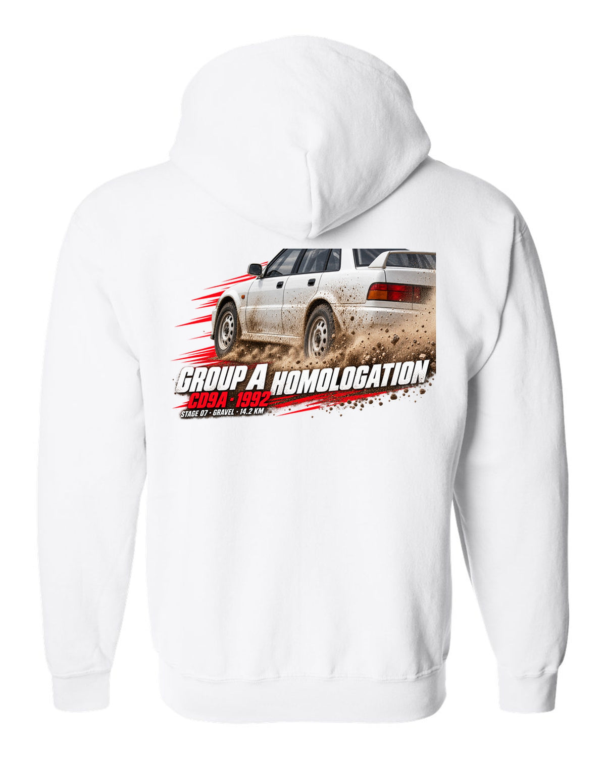 Rally poster print for the Mitsubishi Lancer Evolution I CD9A reading Group A Homologation, 1992, Stage 07 gravel white zip hoodie back view with the design