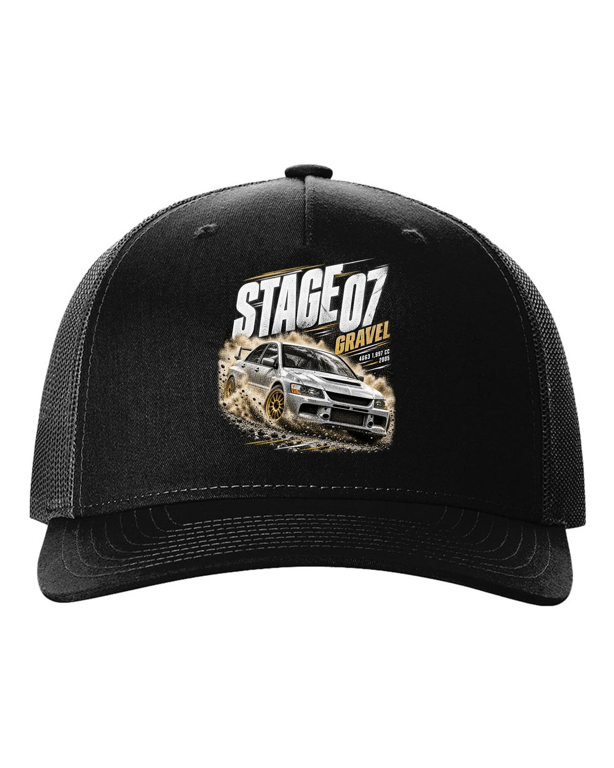 Rally poster print of a Mitsubishi Lancer Evolution IX CT9A on gravel black hat front view with the design