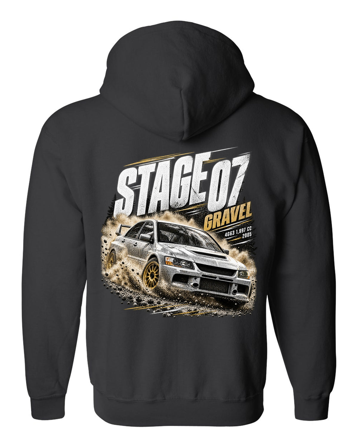 Rally poster print of a Mitsubishi Lancer Evolution IX CT9A on gravel black zip hoodie back view with the design