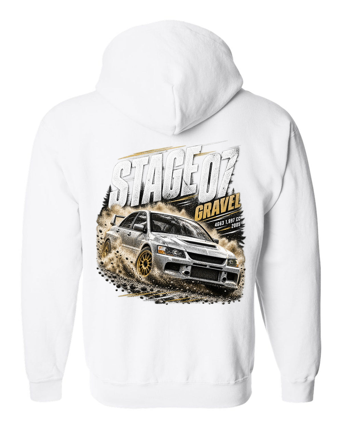 Rally poster print of a Mitsubishi Lancer Evolution IX CT9A on gravel white zip hoodie back view with the design